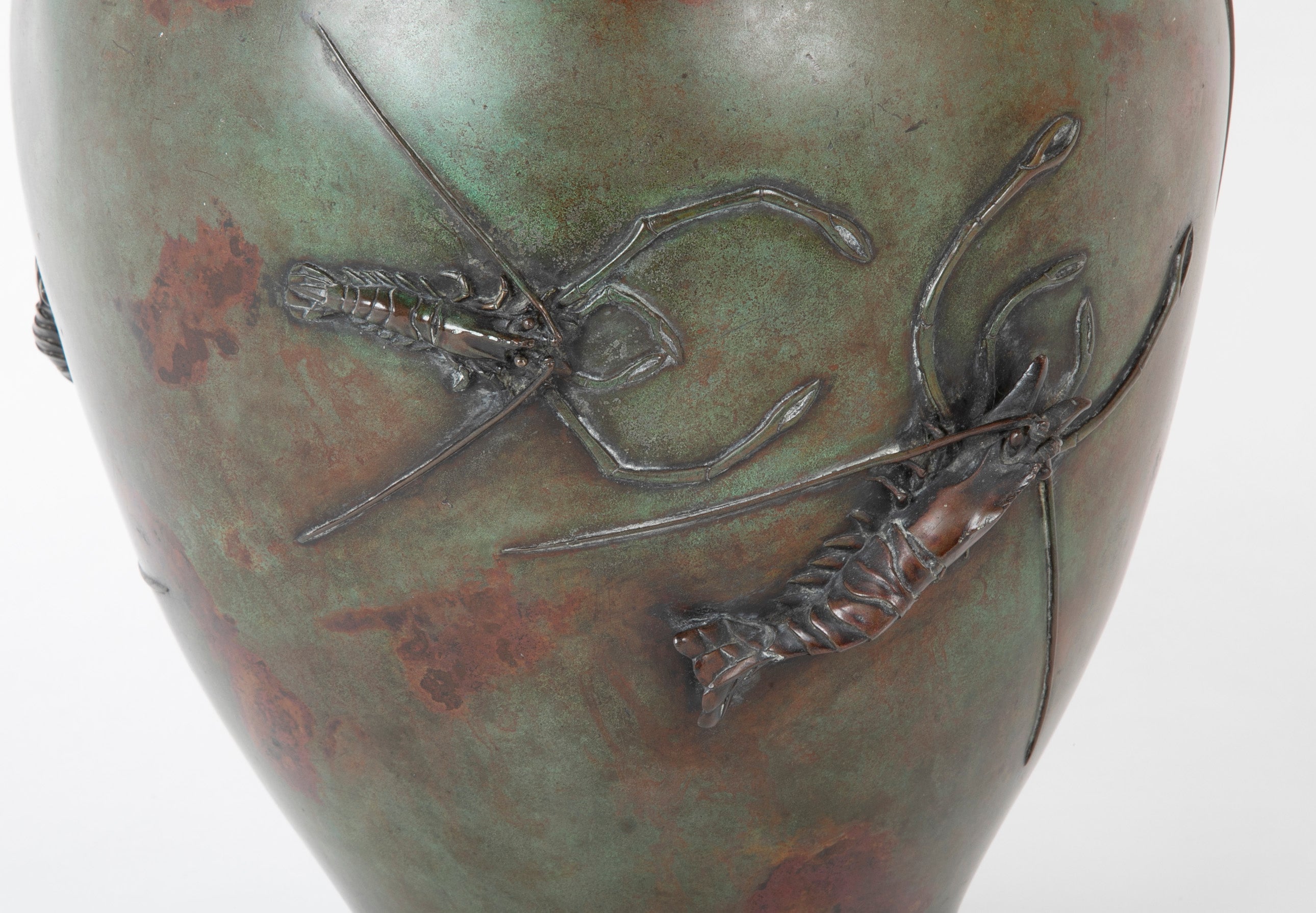 Japanese Bronze Meiji Period Vase with Prawns