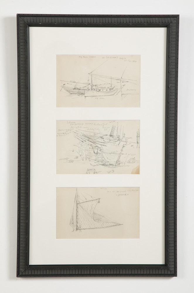 Two Groups of Reynolds Beal Pencil Sketches of Sail Boats and Fishing Boats
