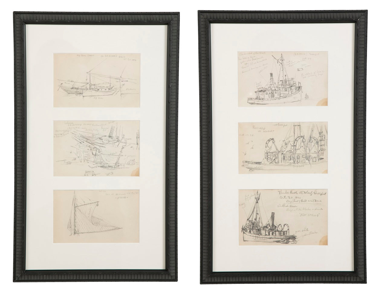 Two Groups of Reynolds Beal Pencil Sketches of Sail Boats and Fishing Boats