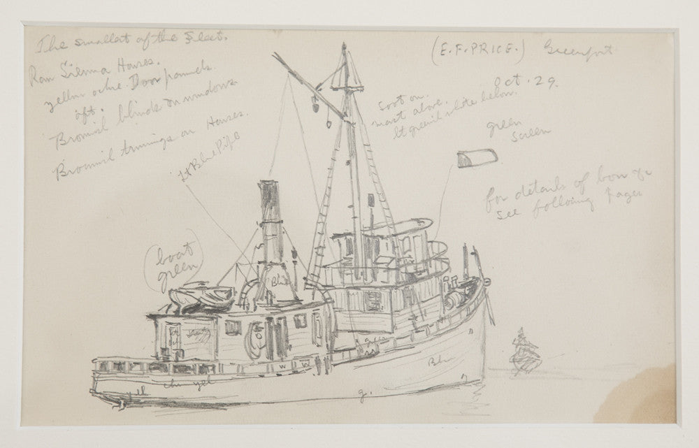 Two Groups of Reynolds Beal Pencil Sketches of Sail Boats and Fishing Boats