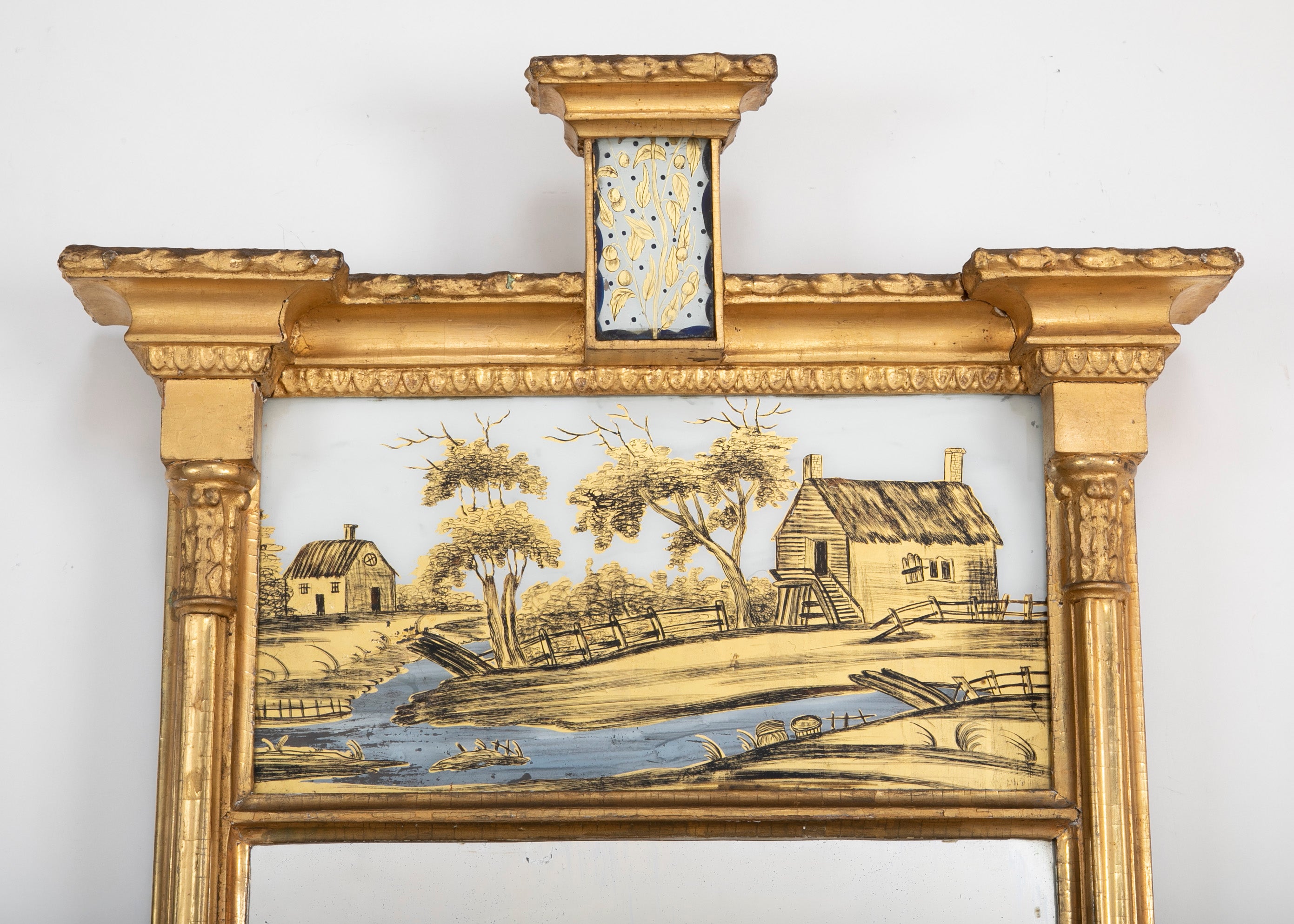 American Eglomise Mirror from Albany, NY with Unusual Small Eglomise Panel