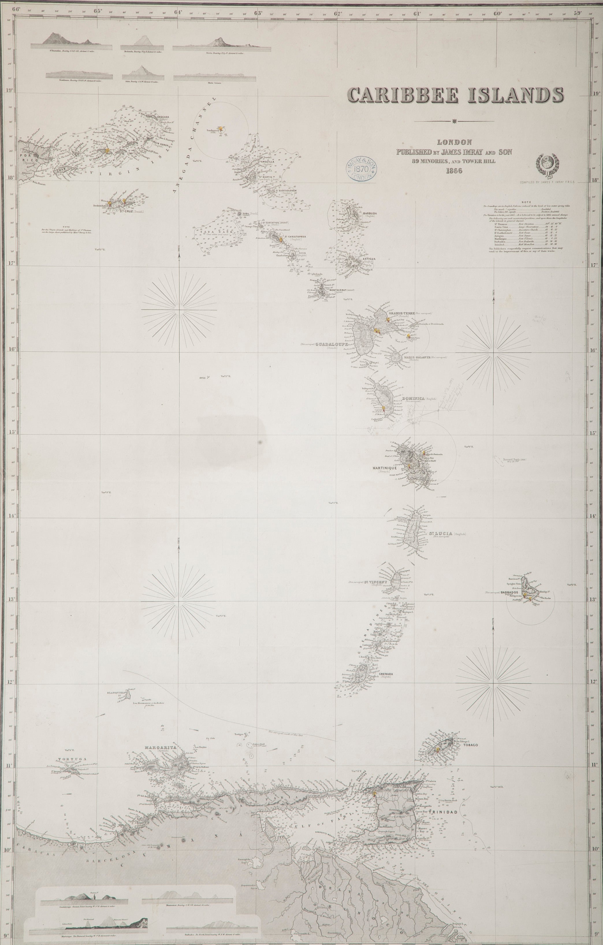 Rare Chart of the Caribbean Islands Published by James Imray & Son, London, 1866