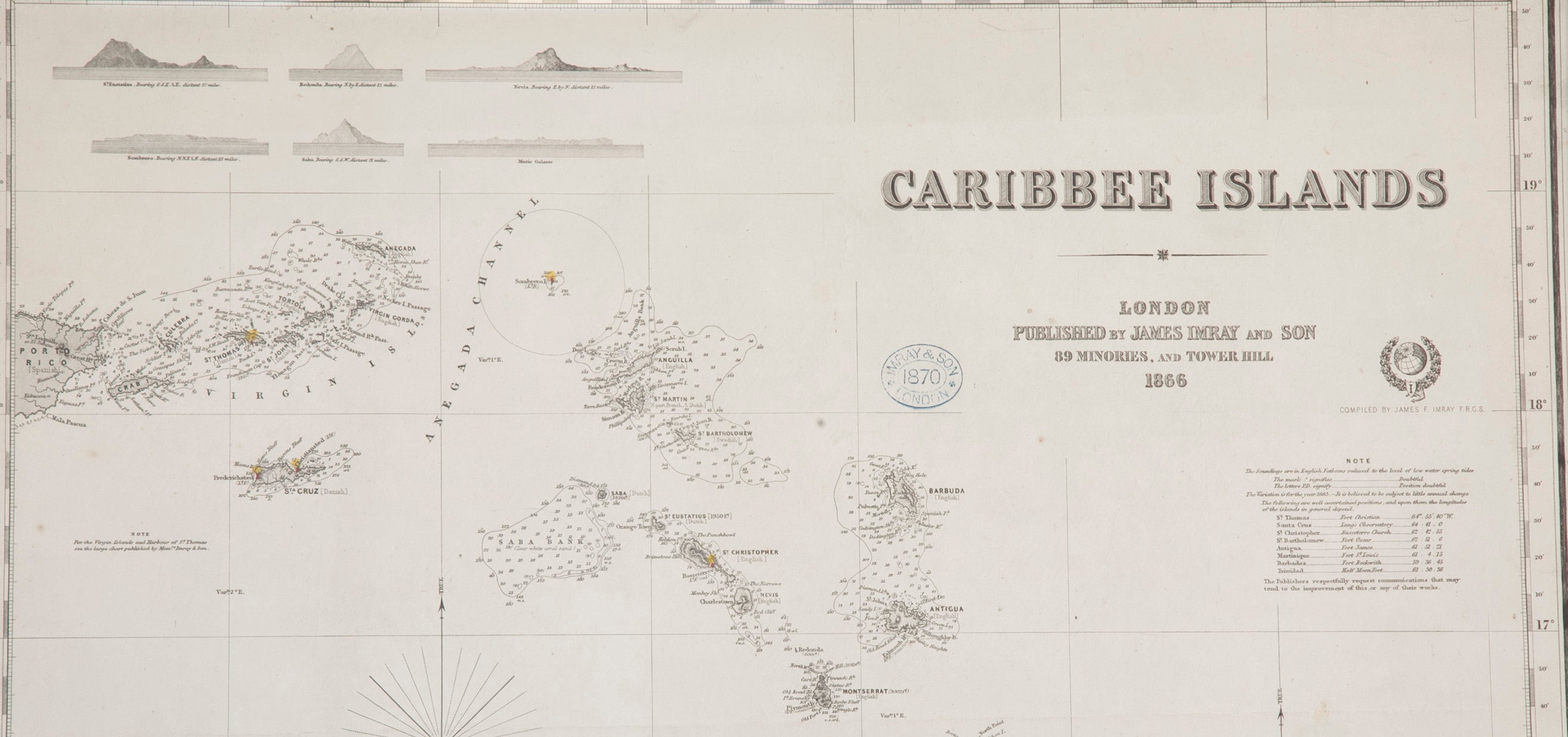Rare Chart of the Caribbean Islands Published by James Imray & Son, London, 1866