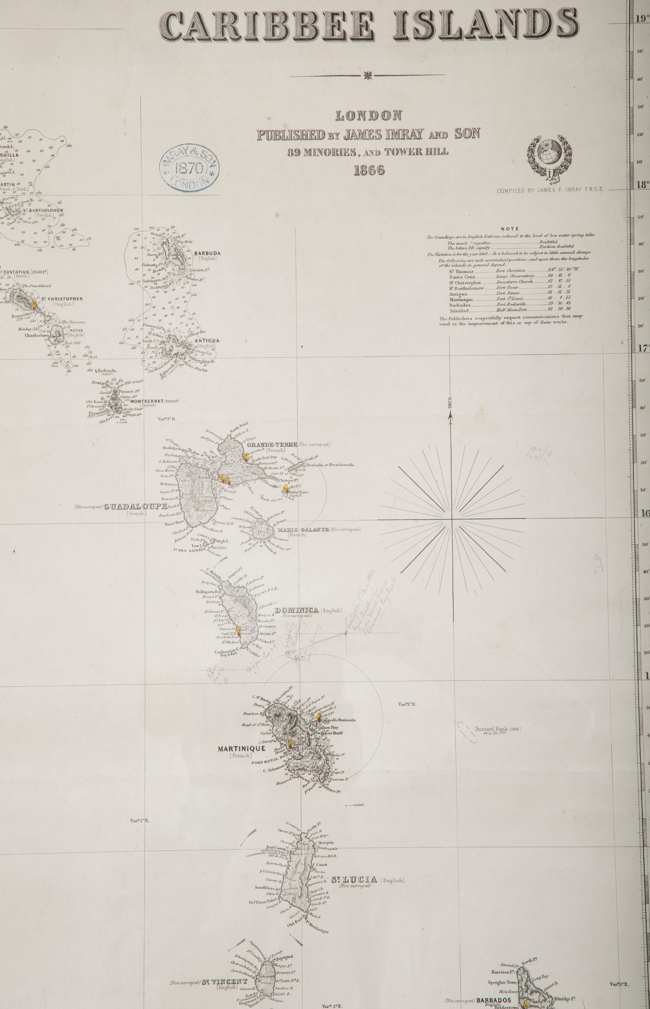 Rare Chart of the Caribbean Islands Published by James Imray & Son, London, 1866