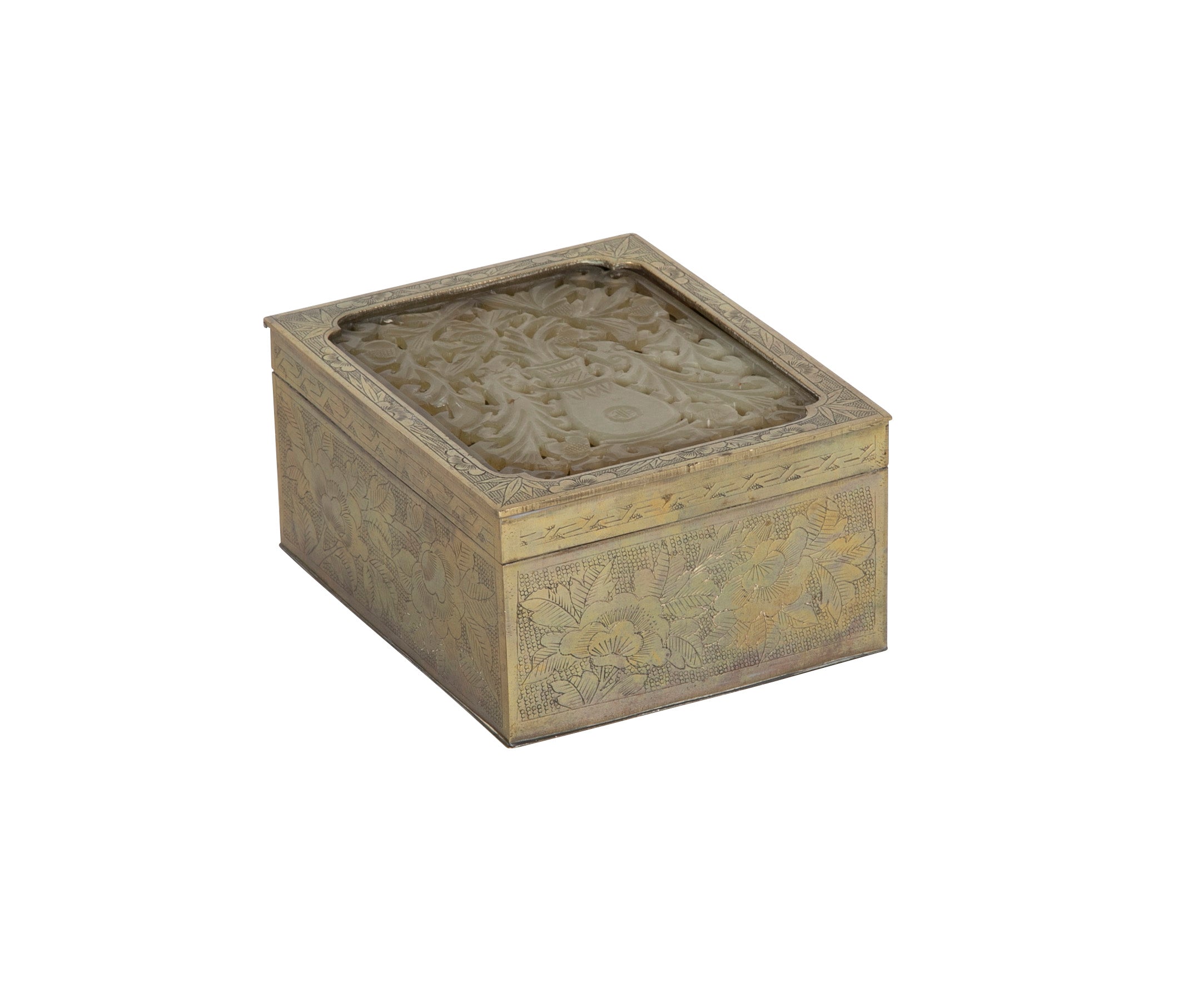 Chinese Incised Brass Box with Carved Jade Inset
