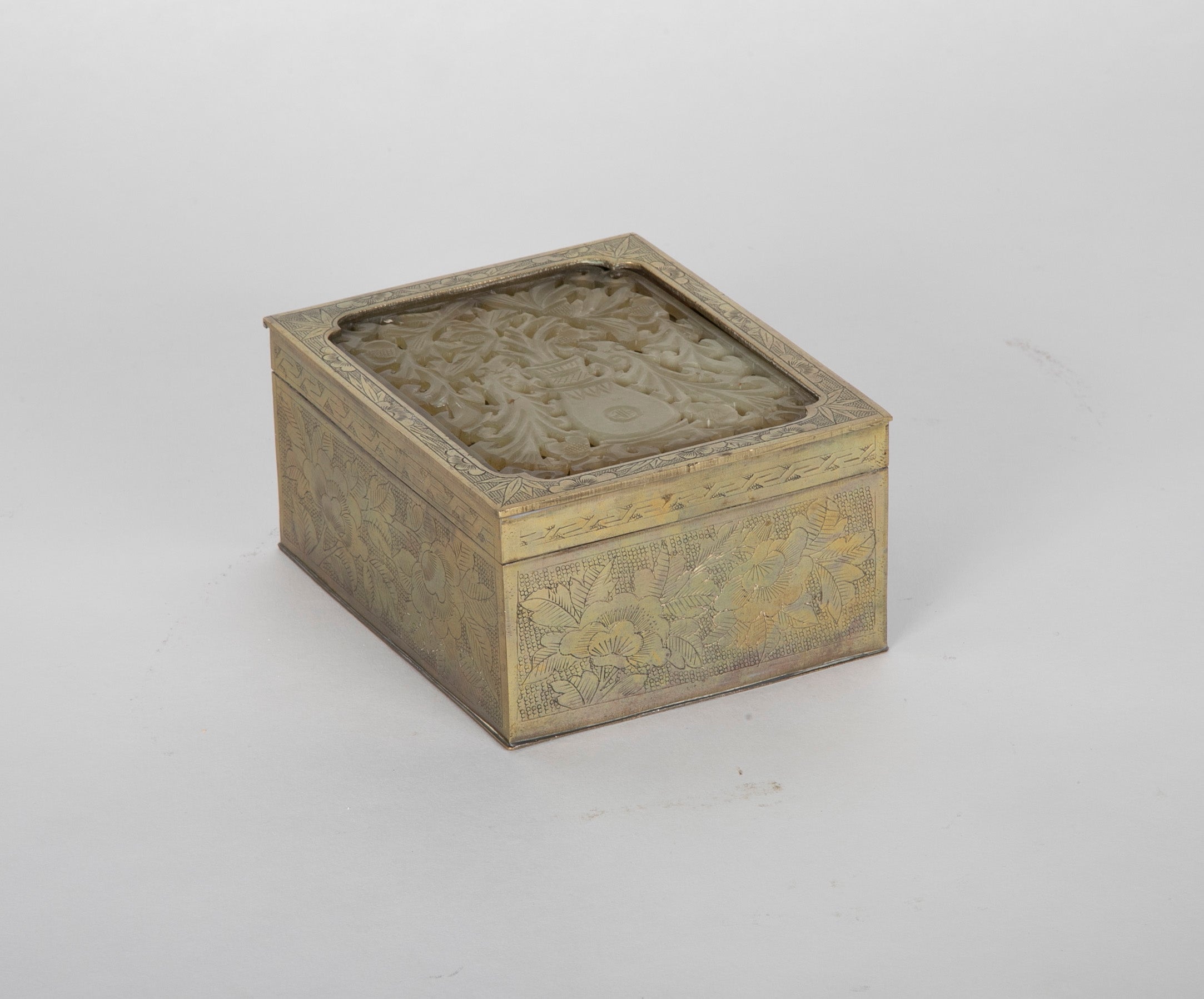 Chinese Incised Brass Box with Carved Jade Inset