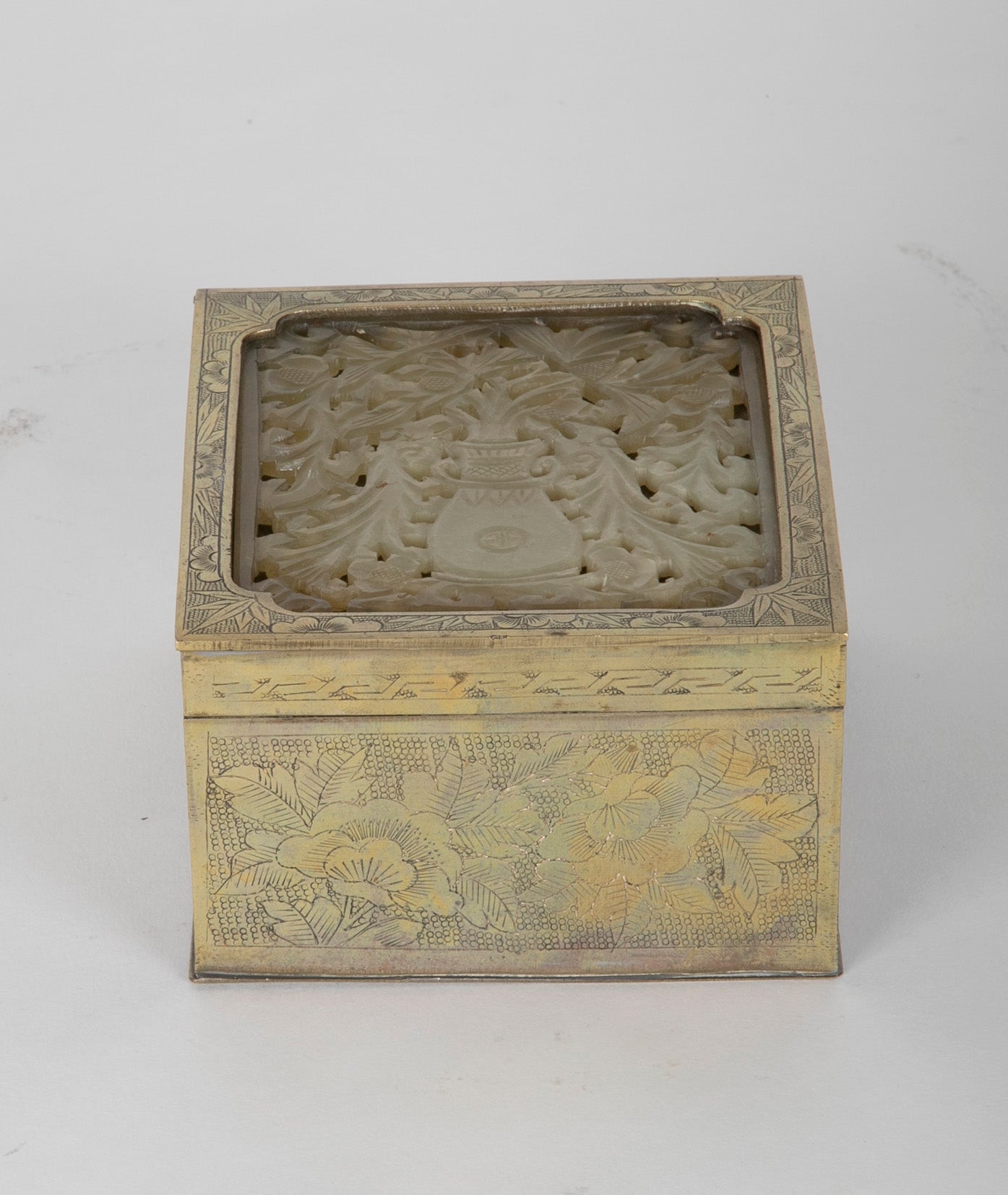 Chinese Incised Brass Box with Carved Jade Inset