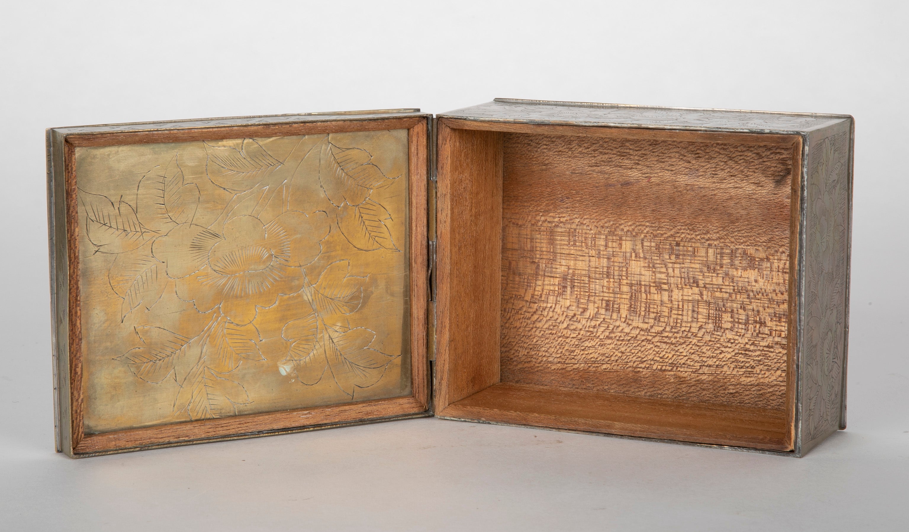 Chinese Incised Brass Box with Carved Jade Inset