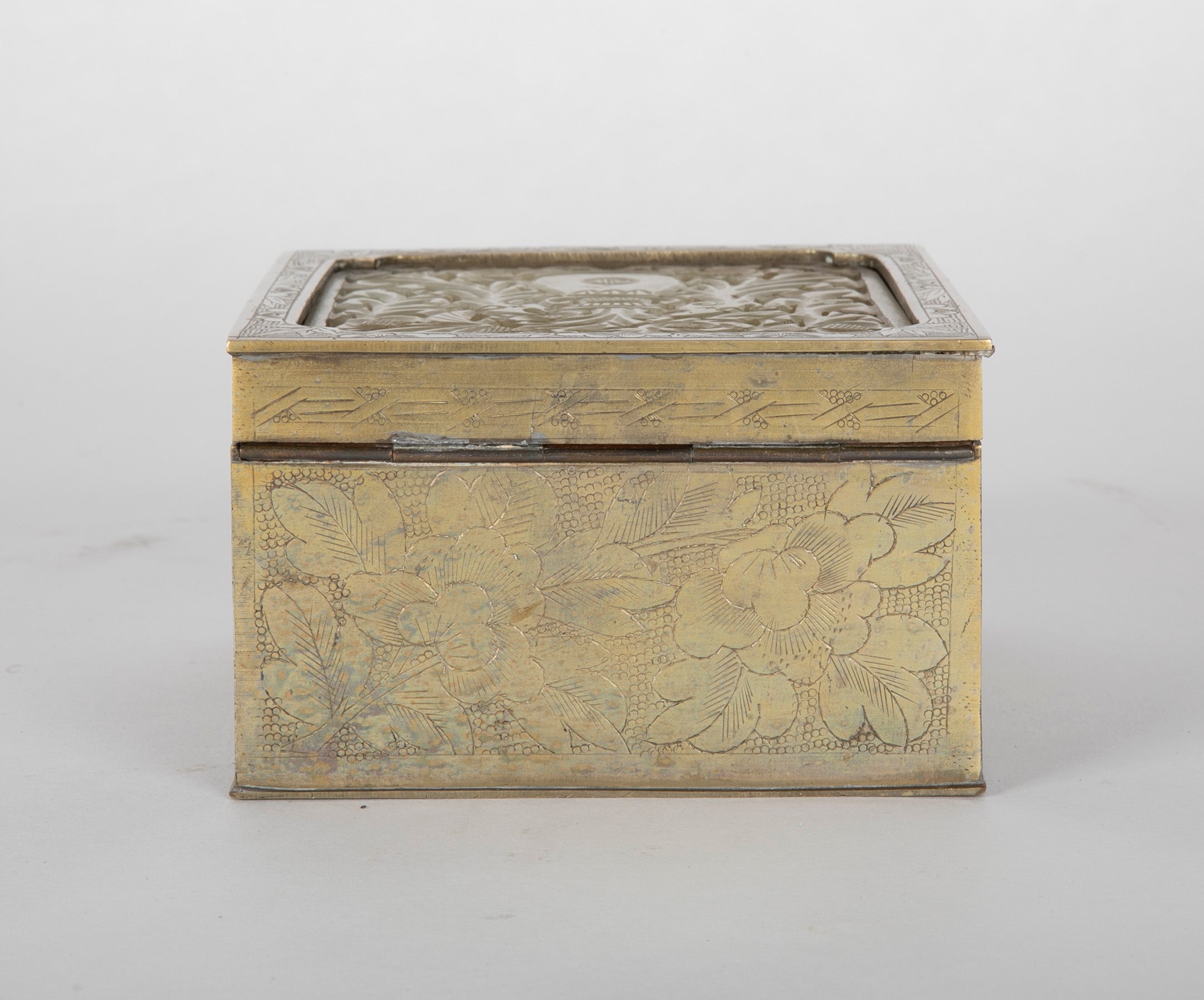 Chinese Incised Brass Box with Carved Jade Inset