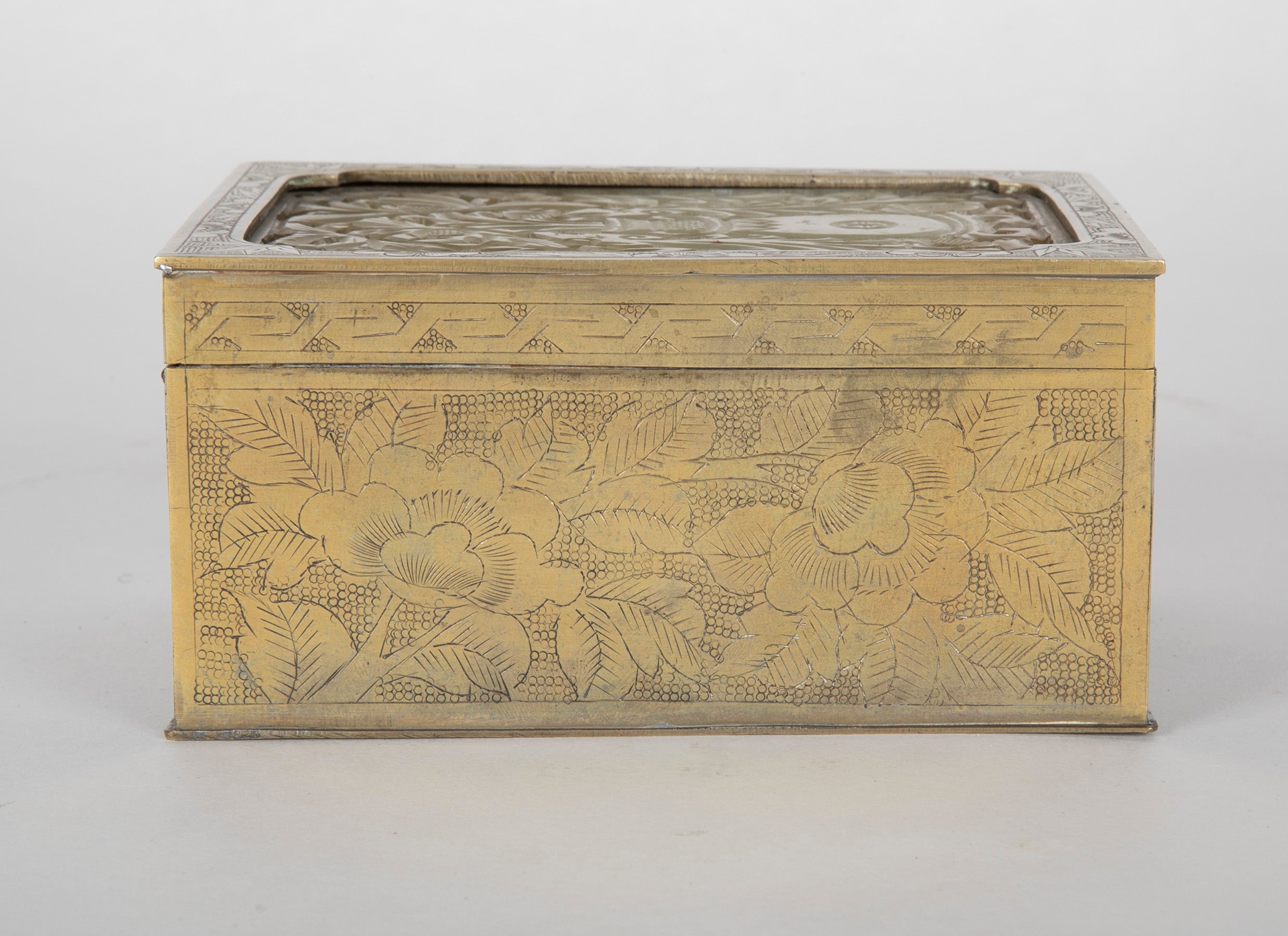 Chinese Incised Brass Box with Carved Jade Inset