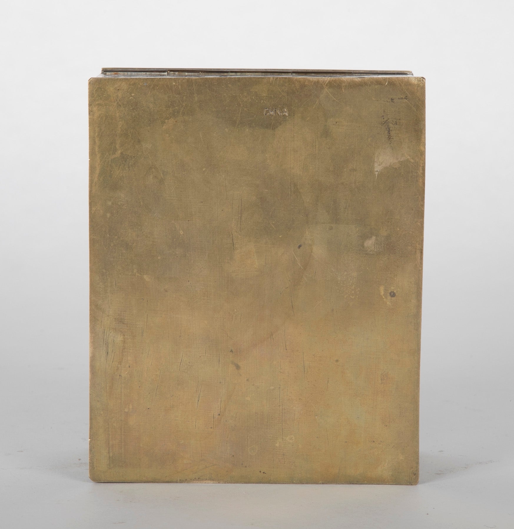 Chinese Incised Brass Box with Carved Jade Inset