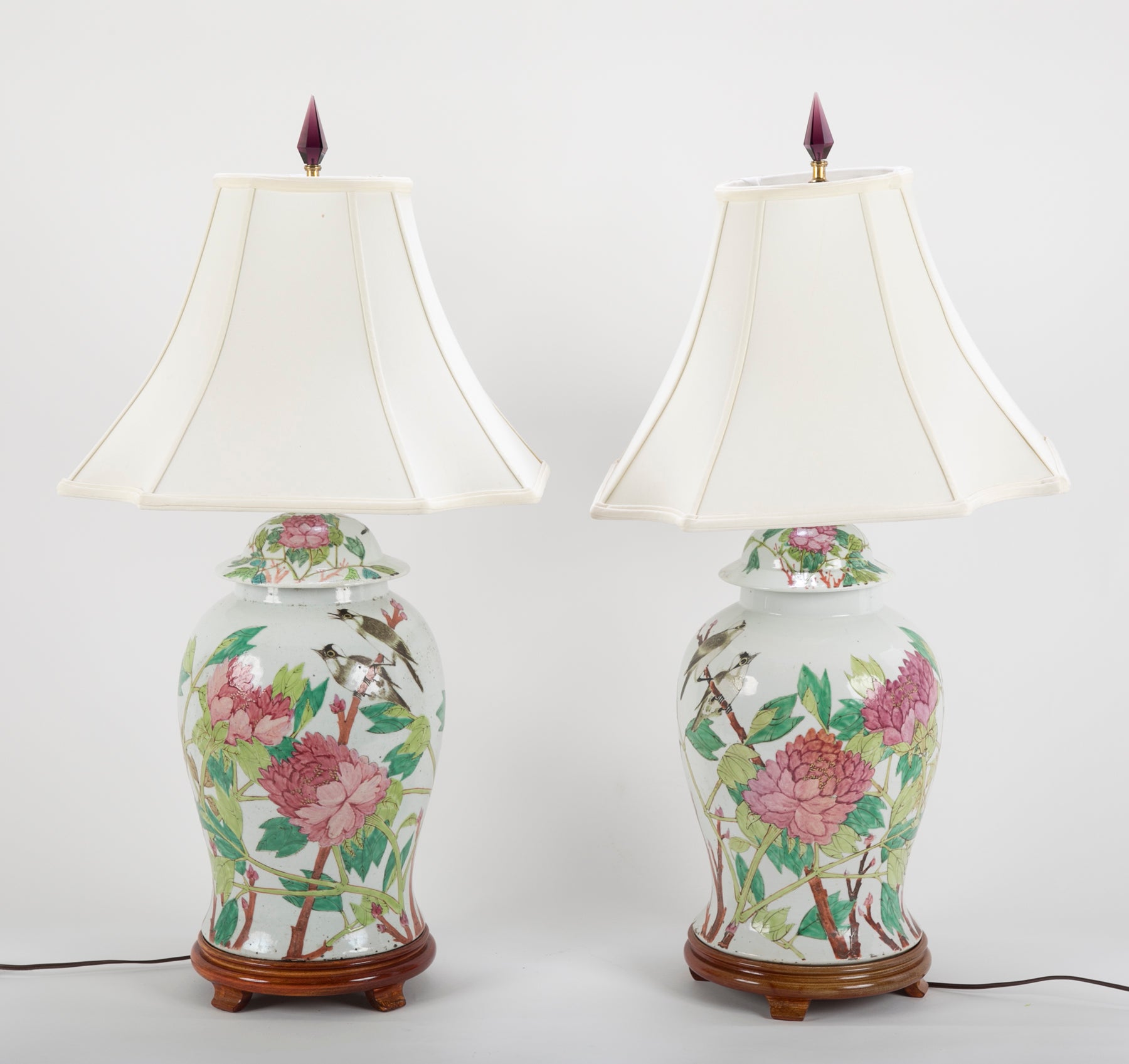 Pair of Chinese Covered Jars with Birds, Peonies & a Poem now Lamps