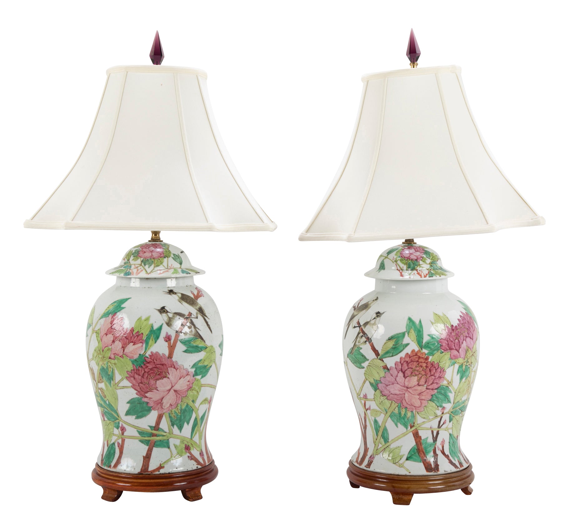 Pair of Chinese Covered Jars with Birds, Peonies & a Poem now Lamps