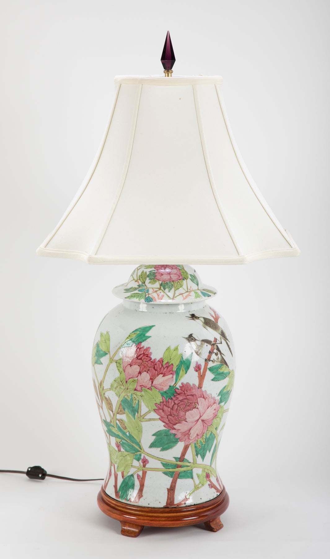 Pair of Chinese Covered Jars with Birds, Peonies & a Poem now Lamps