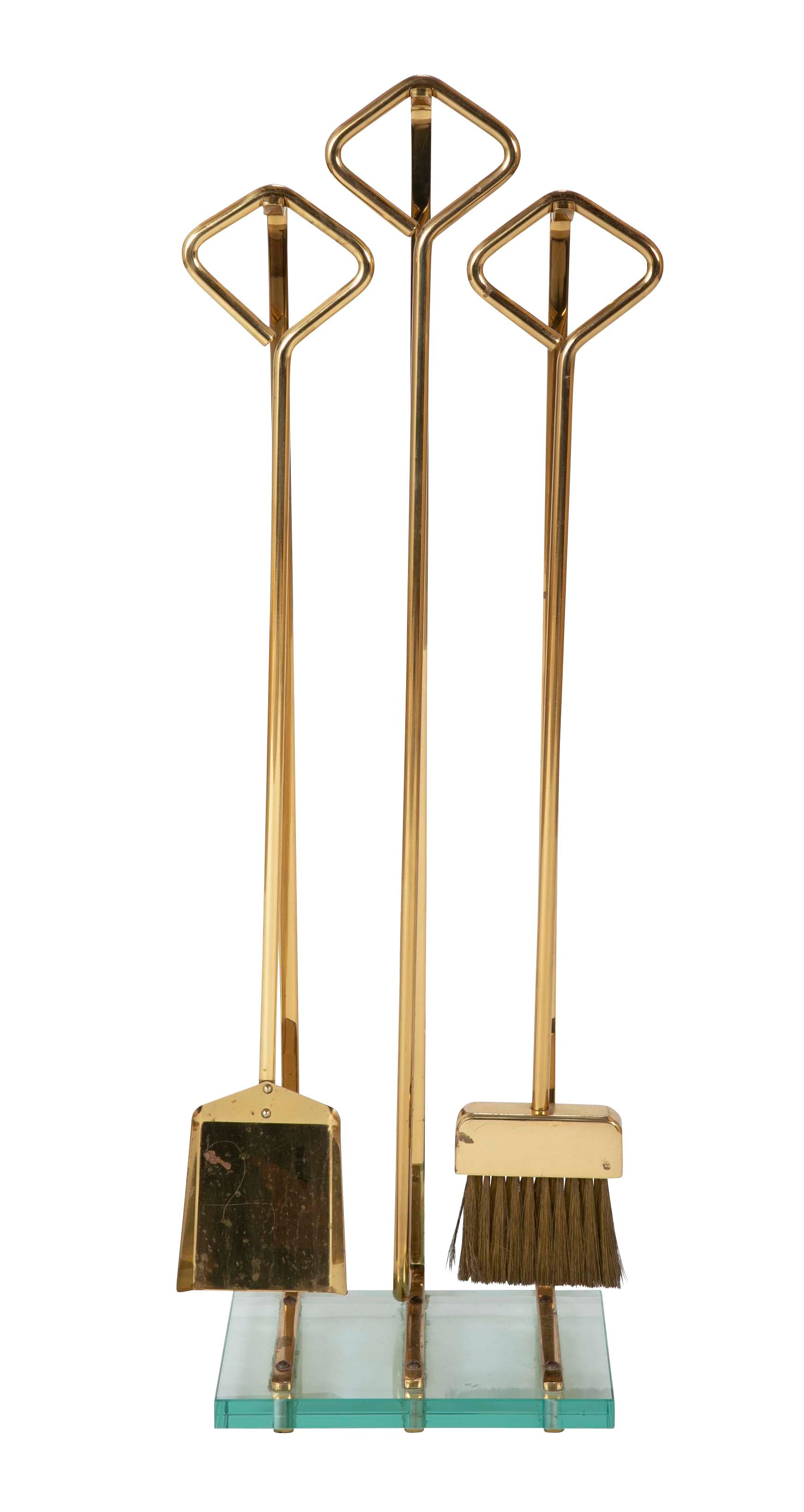 A Set of Fontana Arte Brass & Glass Fire Tools on Stand