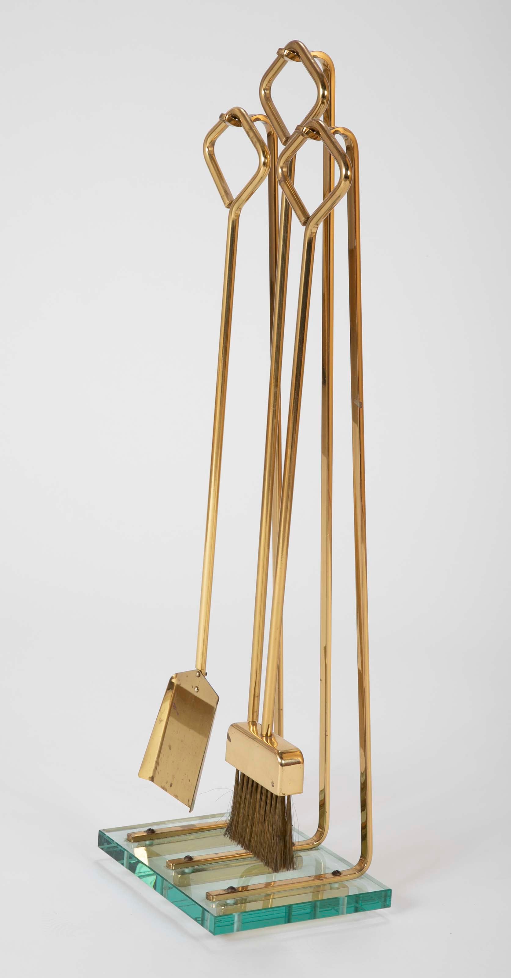 A Set of Fontana Arte Brass & Glass Fire Tools on Stand