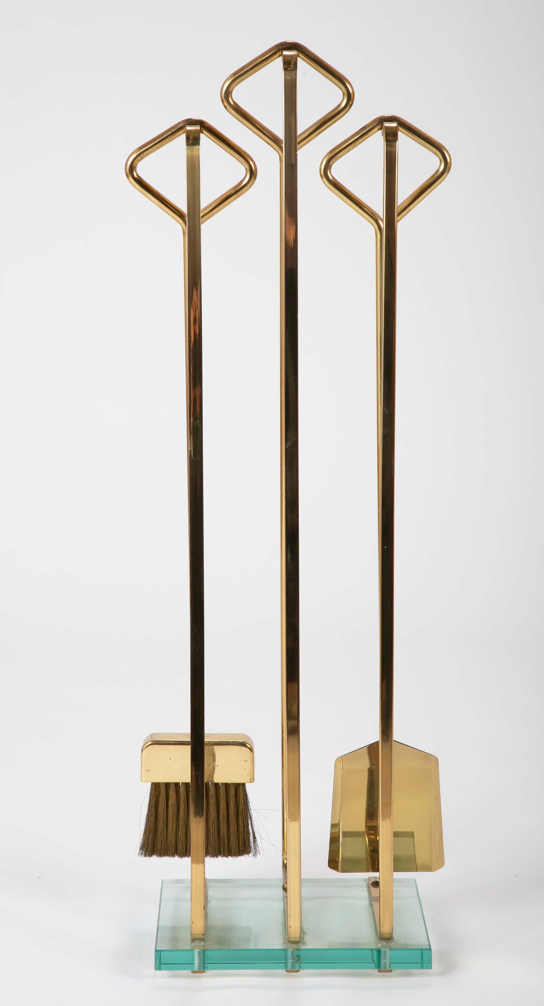 A Set of Fontana Arte Brass & Glass Fire Tools on Stand