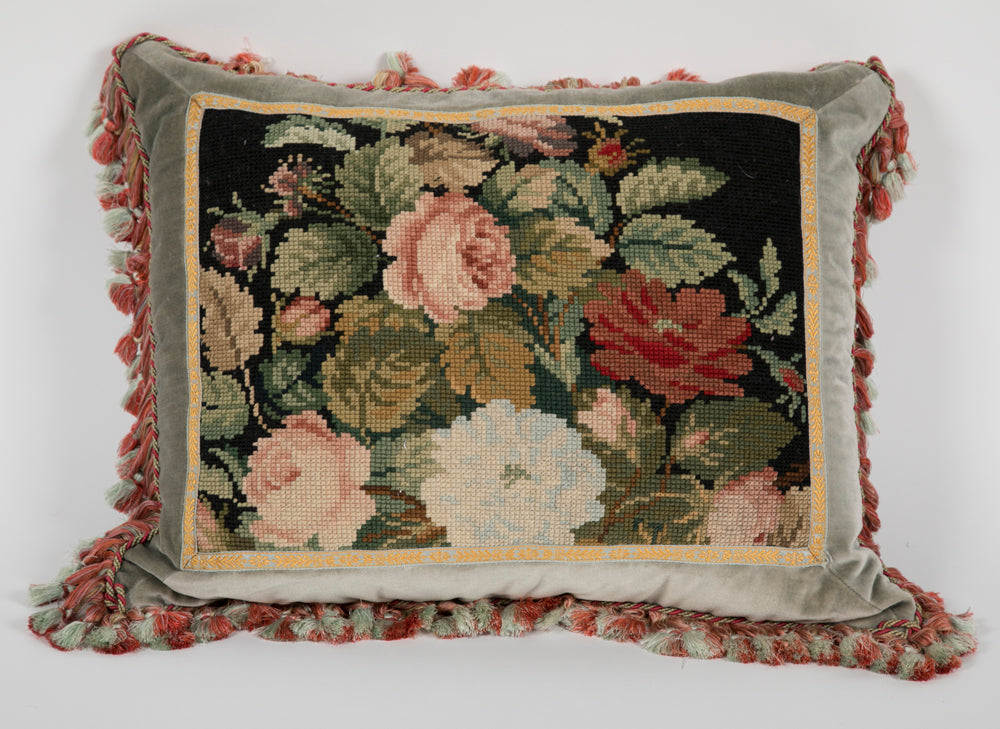 Victorian Needlework Pillow with Silk Backing