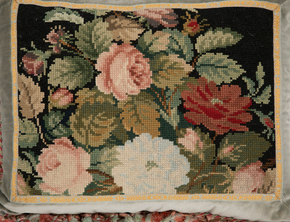 Victorian Needlework Pillow with Silk Backing