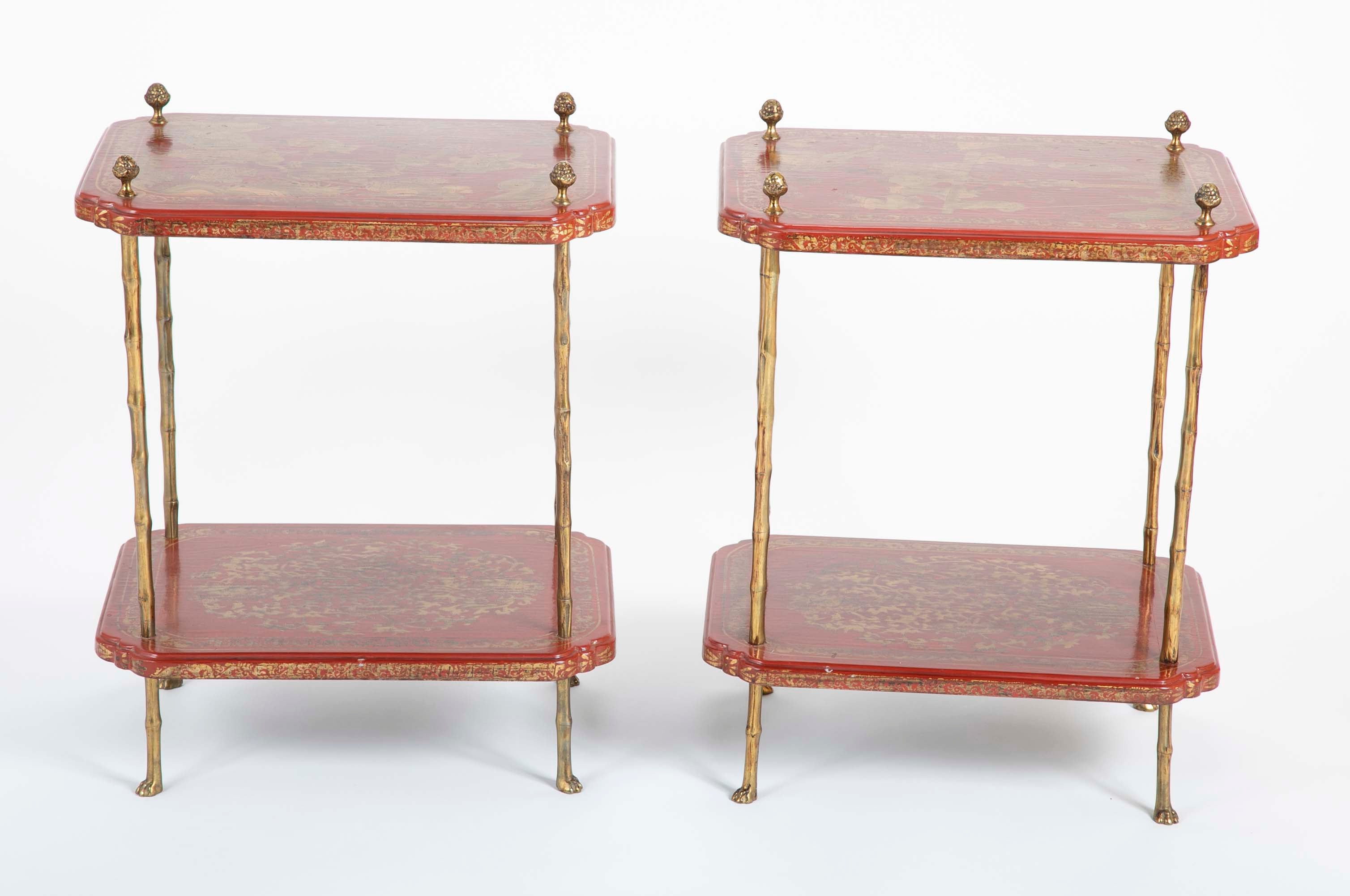 A Pair of French Ormolu Mounted Red & Gilt Japanned Side Tables