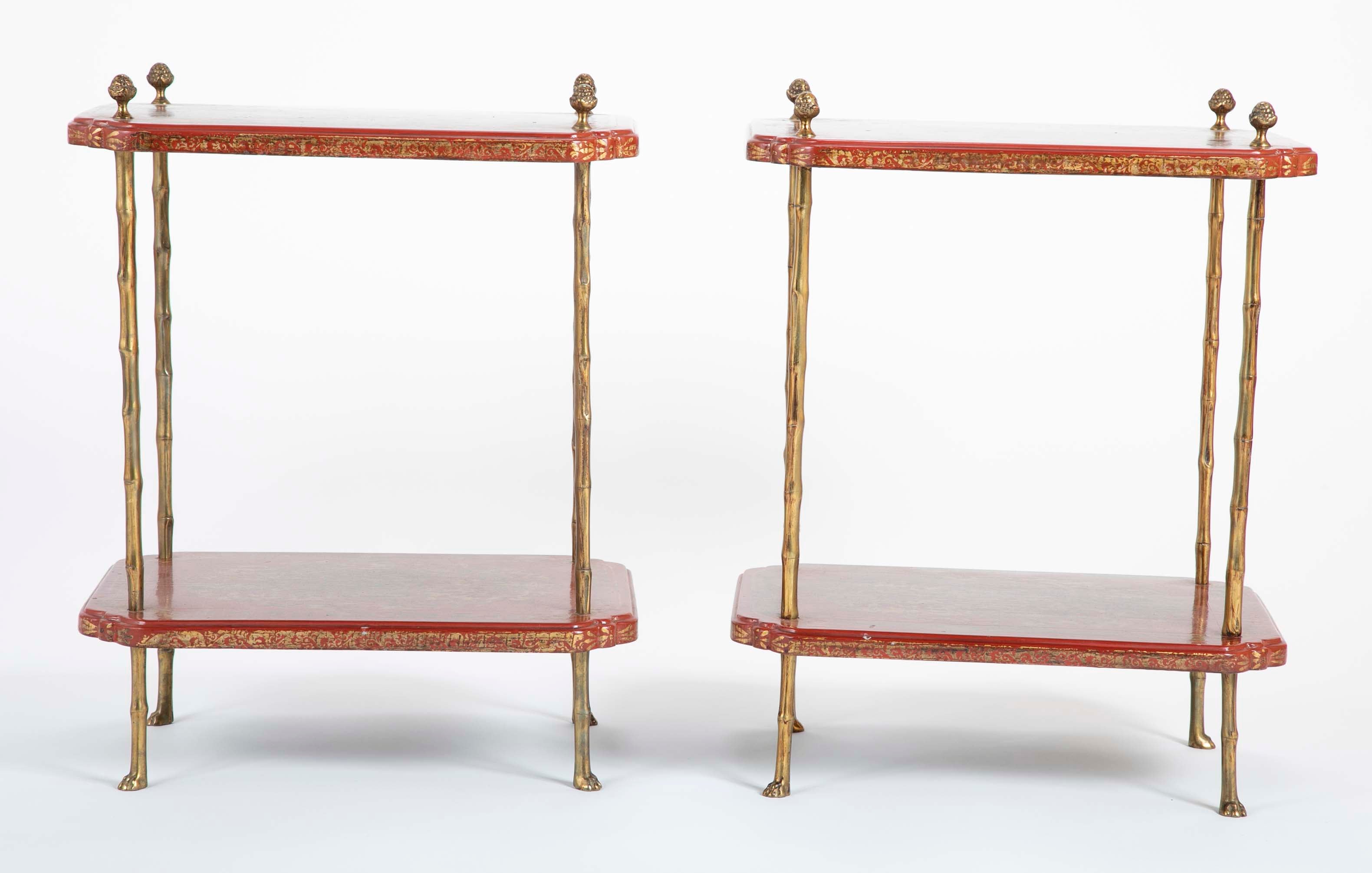 A Pair of French Ormolu Mounted Red & Gilt Japanned Side Tables
