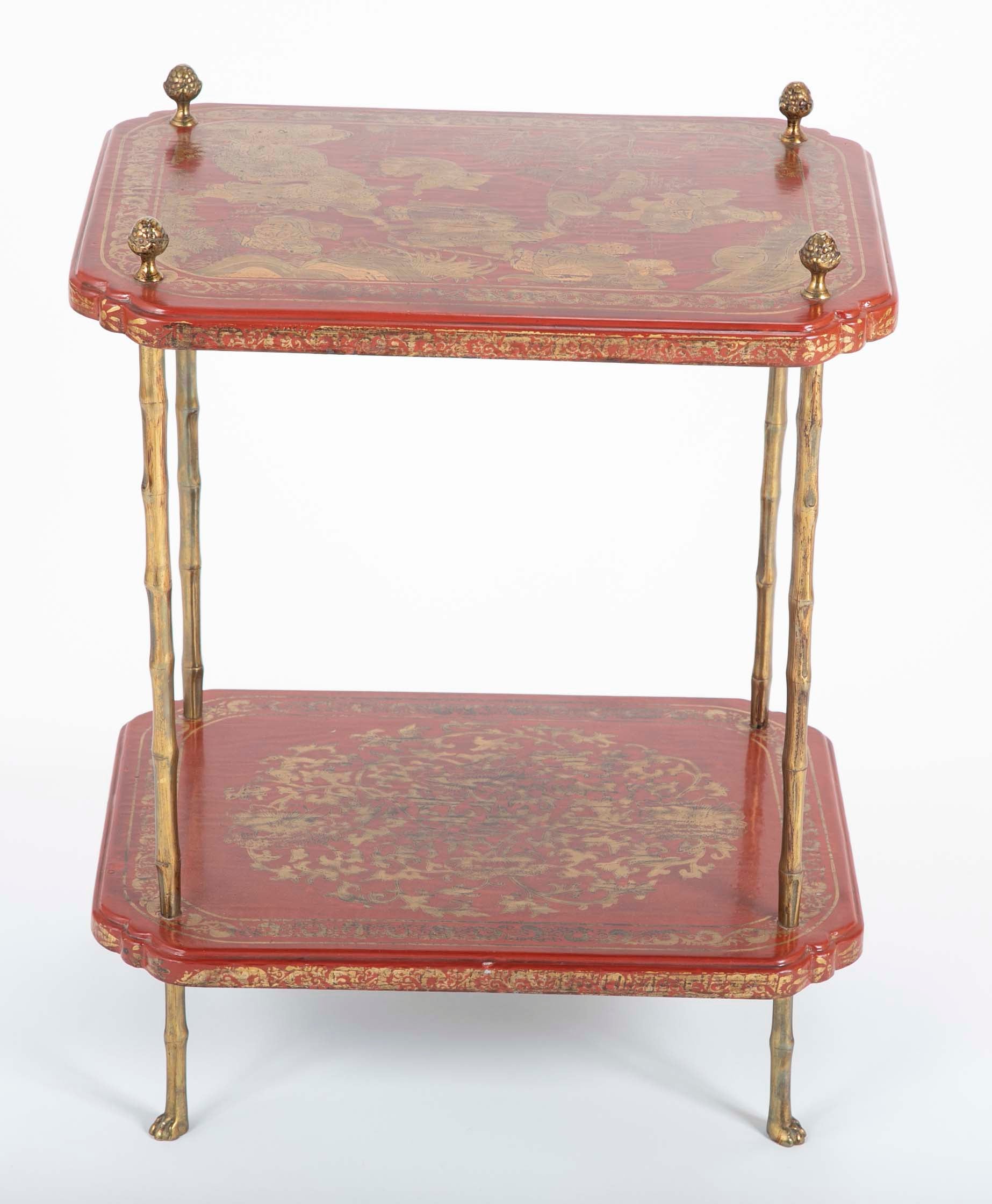 A Pair of French Ormolu Mounted Red & Gilt Japanned Side Tables