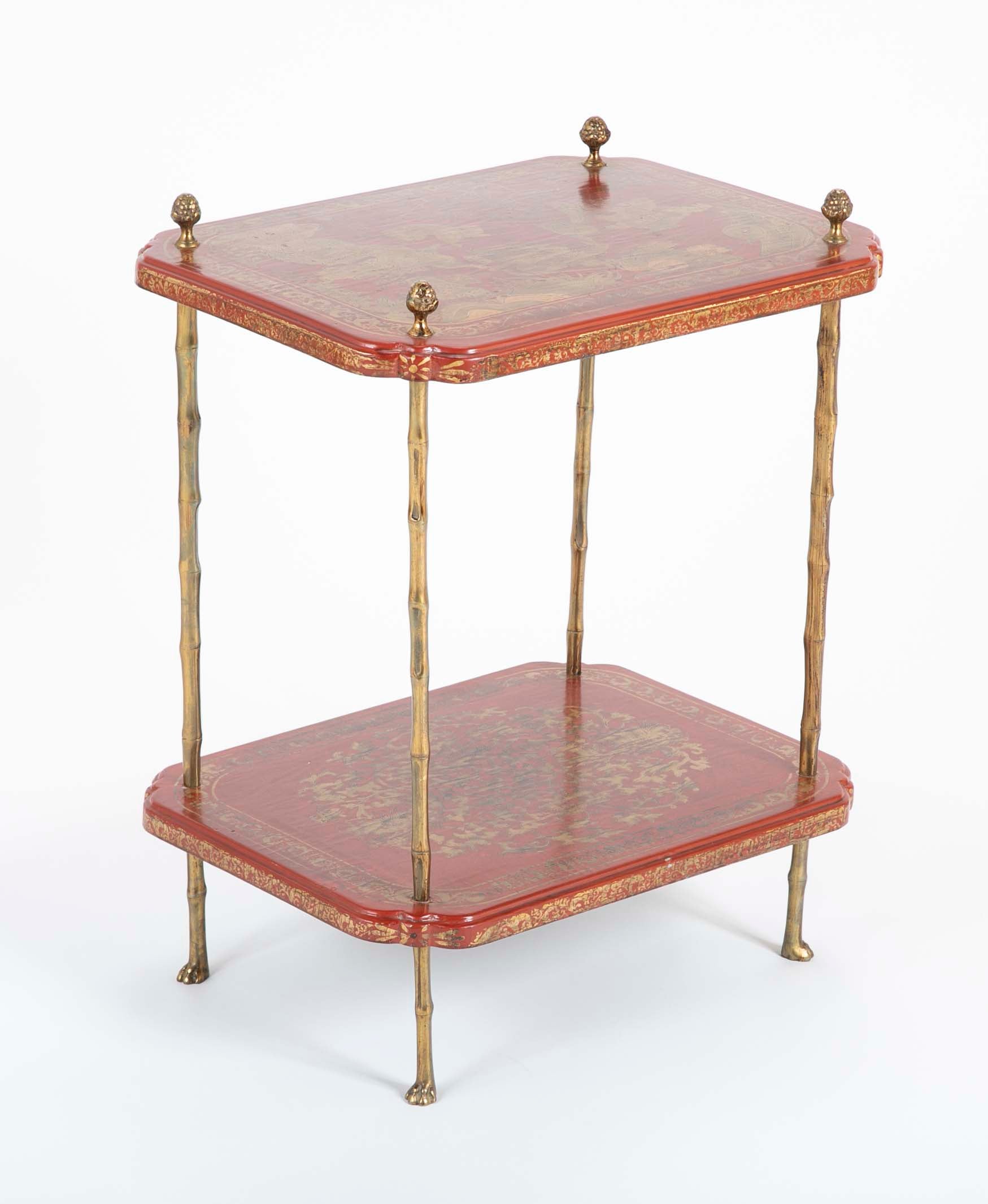A Pair of French Ormolu Mounted Red & Gilt Japanned Side Tables