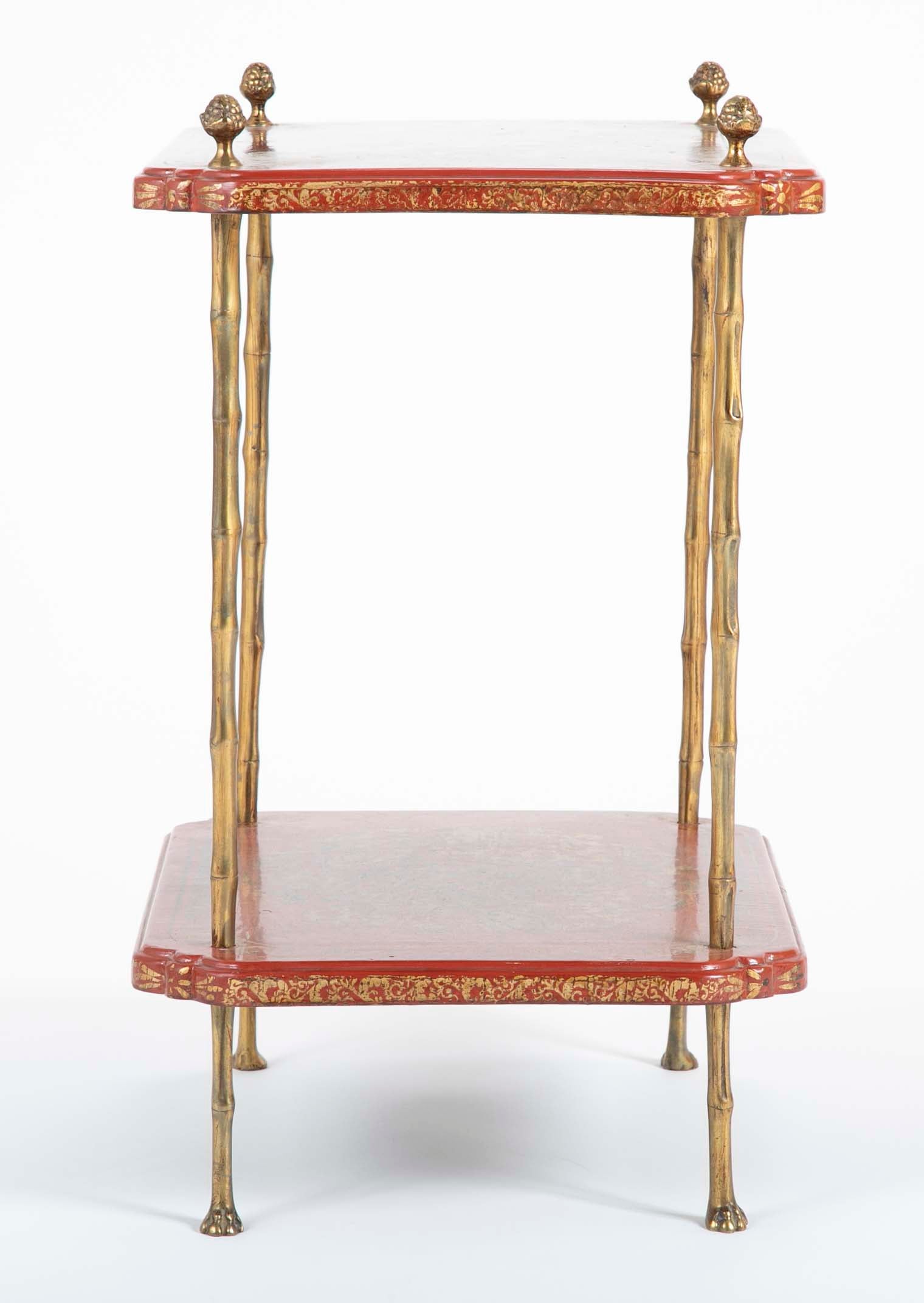 A Pair of French Ormolu Mounted Red & Gilt Japanned Side Tables
