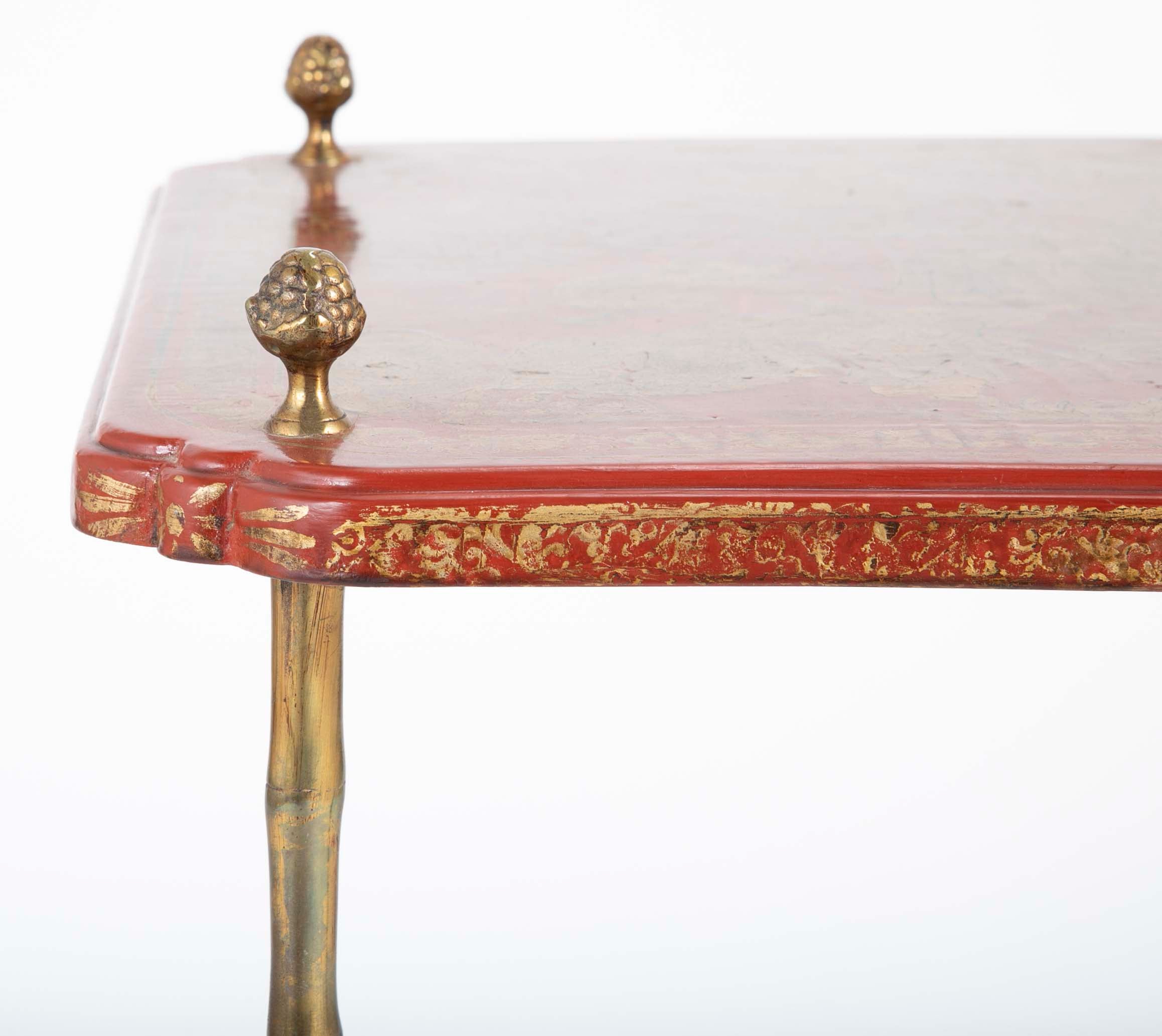 A Pair of French Ormolu Mounted Red & Gilt Japanned Side Tables