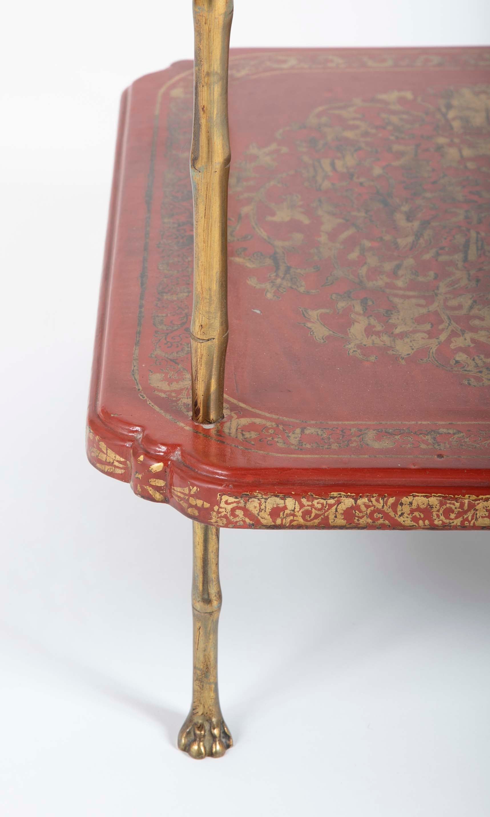 A Pair of French Ormolu Mounted Red & Gilt Japanned Side Tables