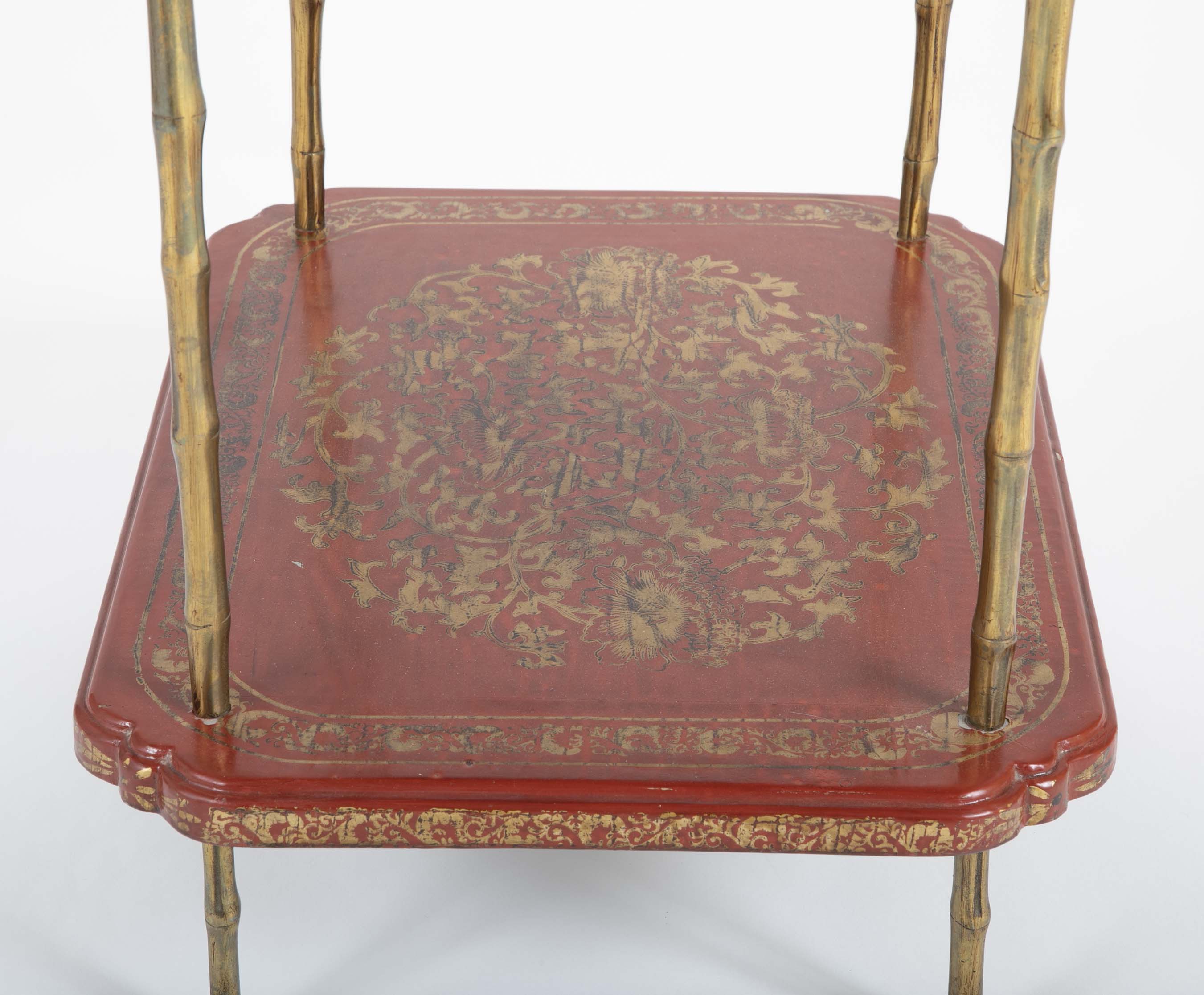 A Pair of French Ormolu Mounted Red & Gilt Japanned Side Tables