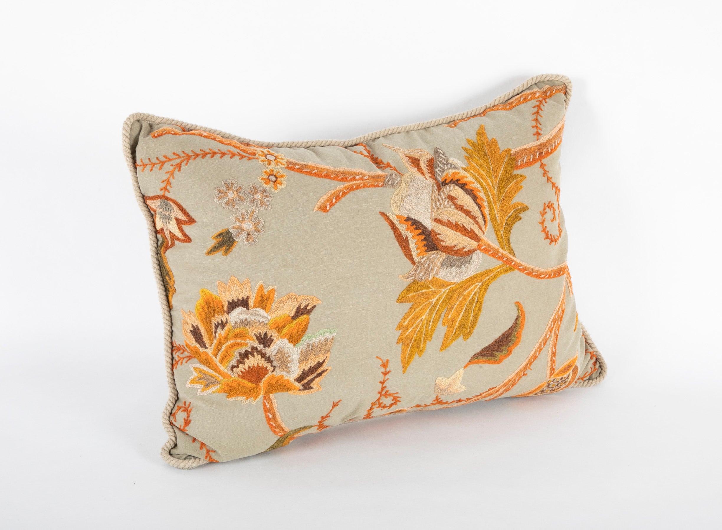 Antique Crewel Work Pillow with Rope Trim