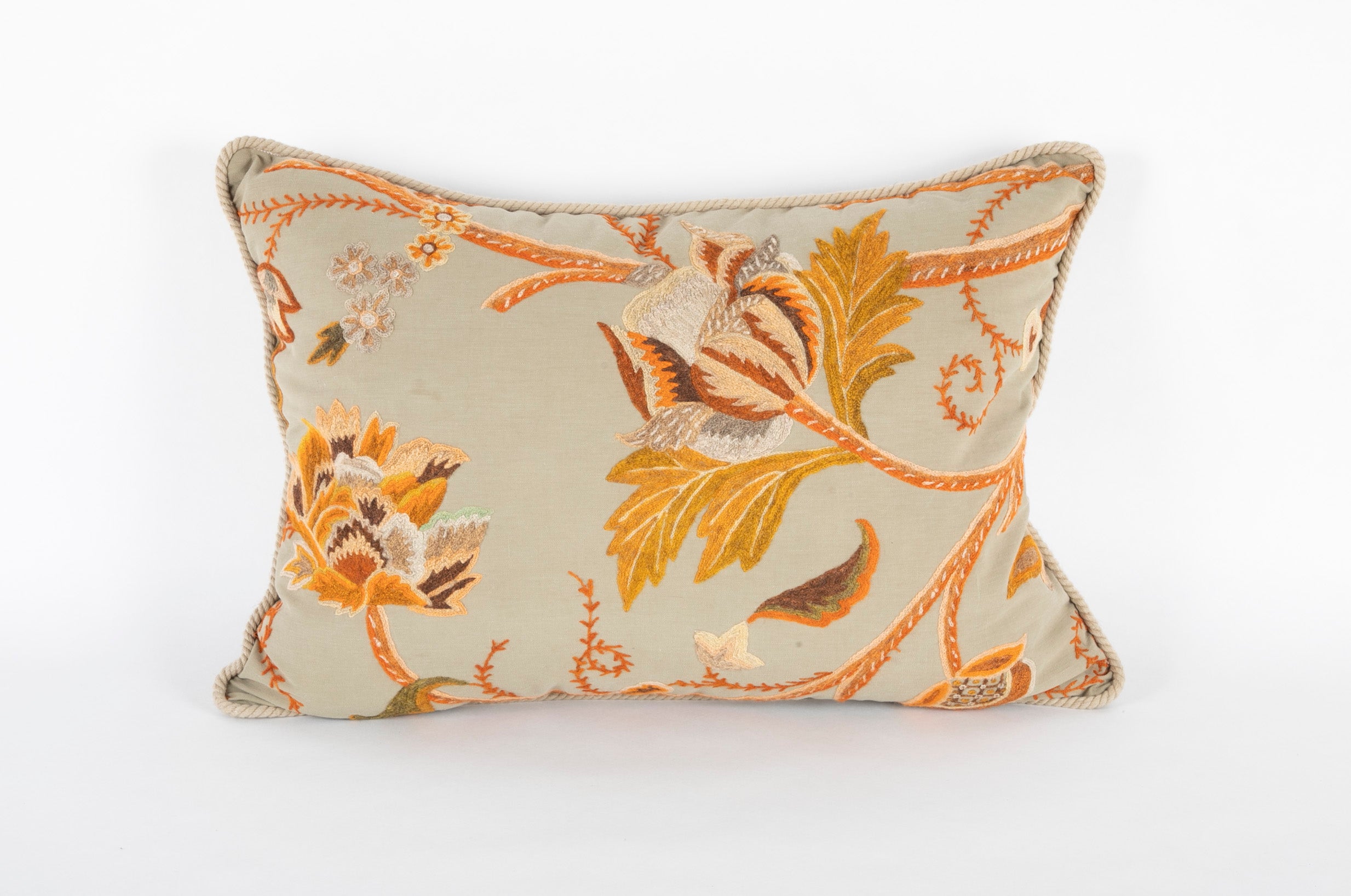 Antique Crewel Work Pillow with Rope Trim