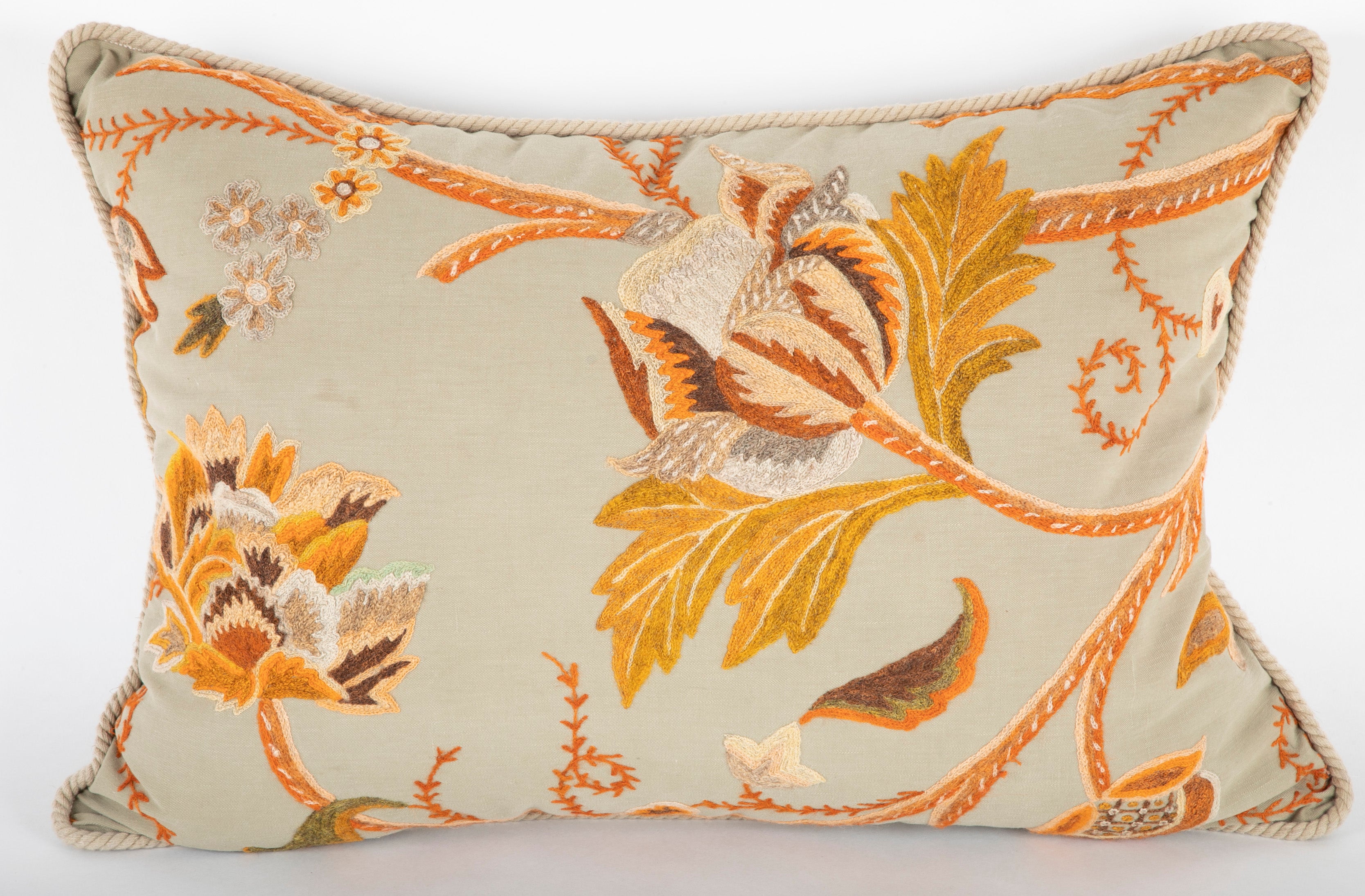 Antique Crewel Work Pillow with Rope Trim