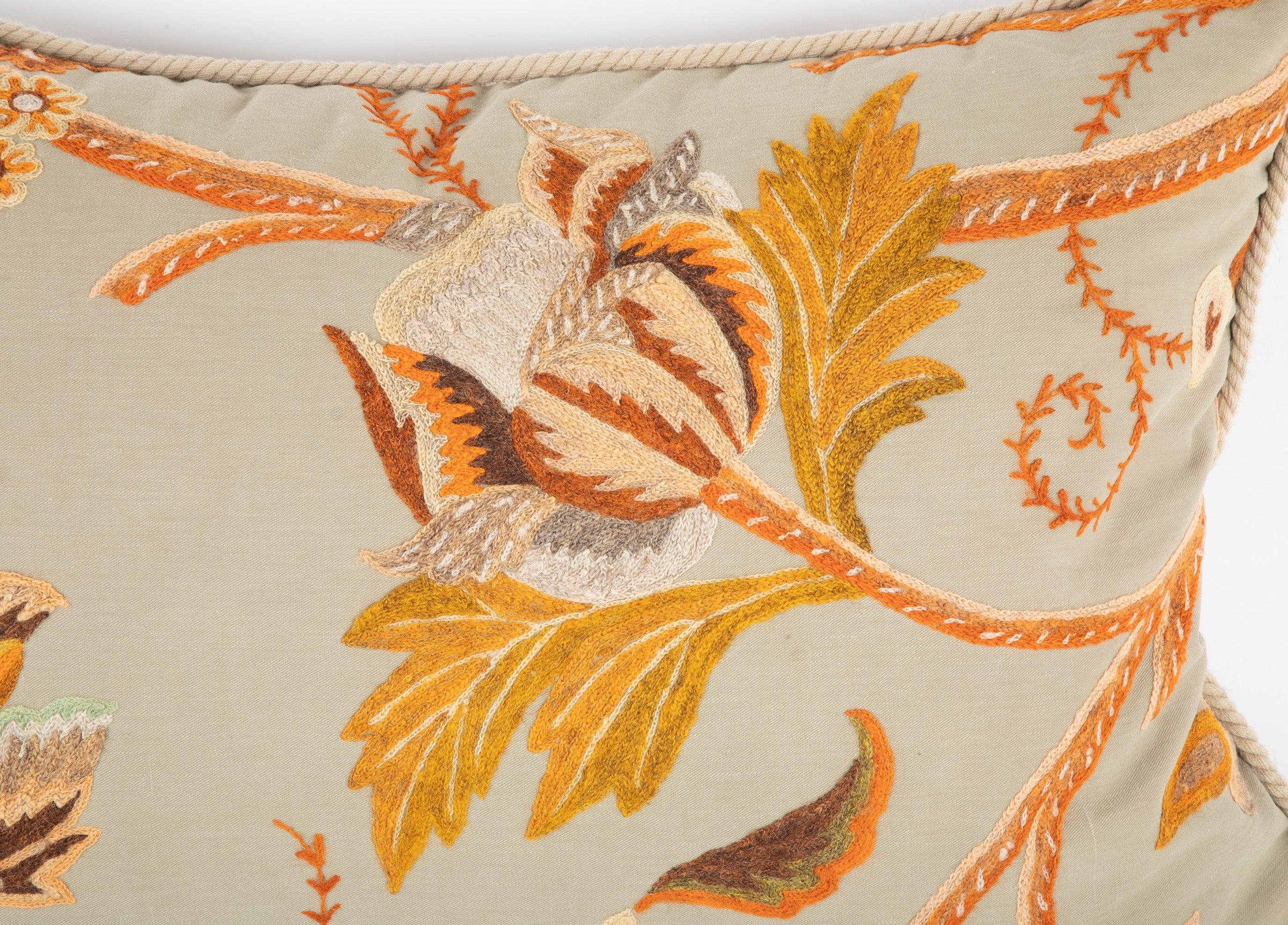 Antique Crewel Work Pillow with Rope Trim