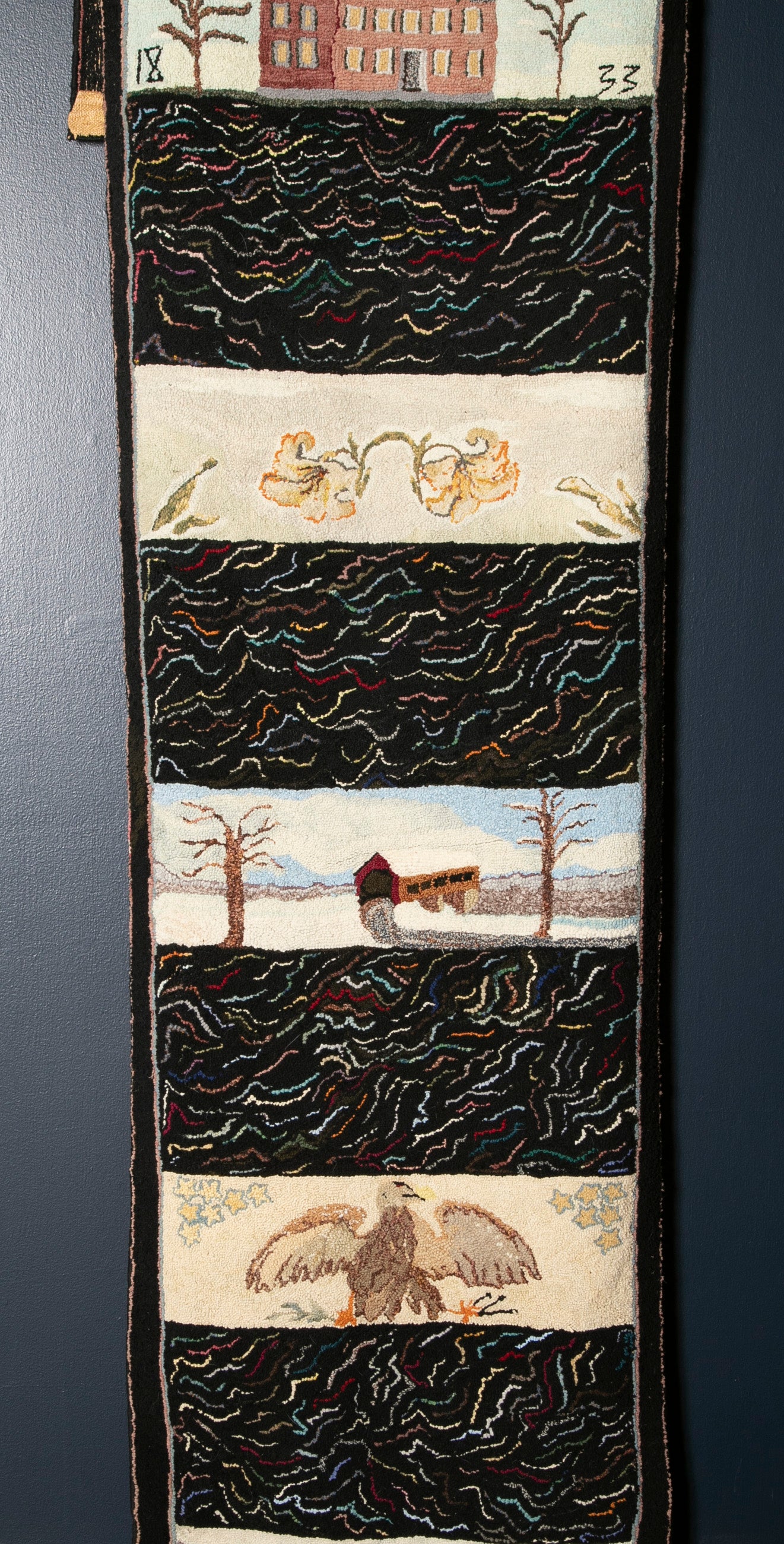 Folk Art Hooked Rug Staircase Runner with Various Scenes from Upstate New York