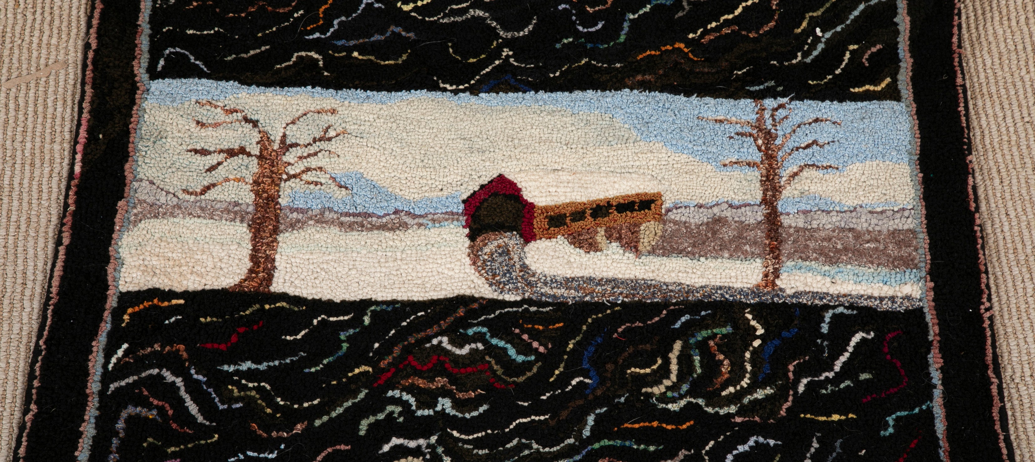 Folk Art Hooked Rug Staircase Runner with Various Scenes from Upstate New York