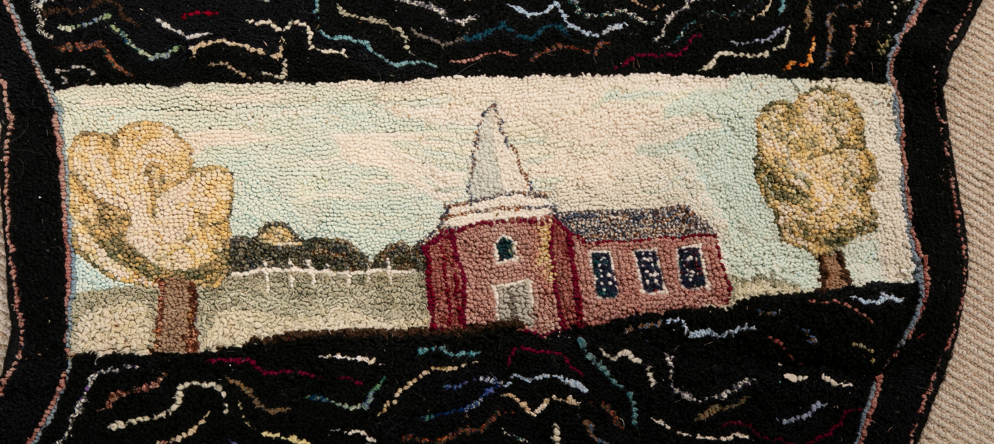 Folk Art Hooked Rug Staircase Runner with Various Scenes from Upstate New York