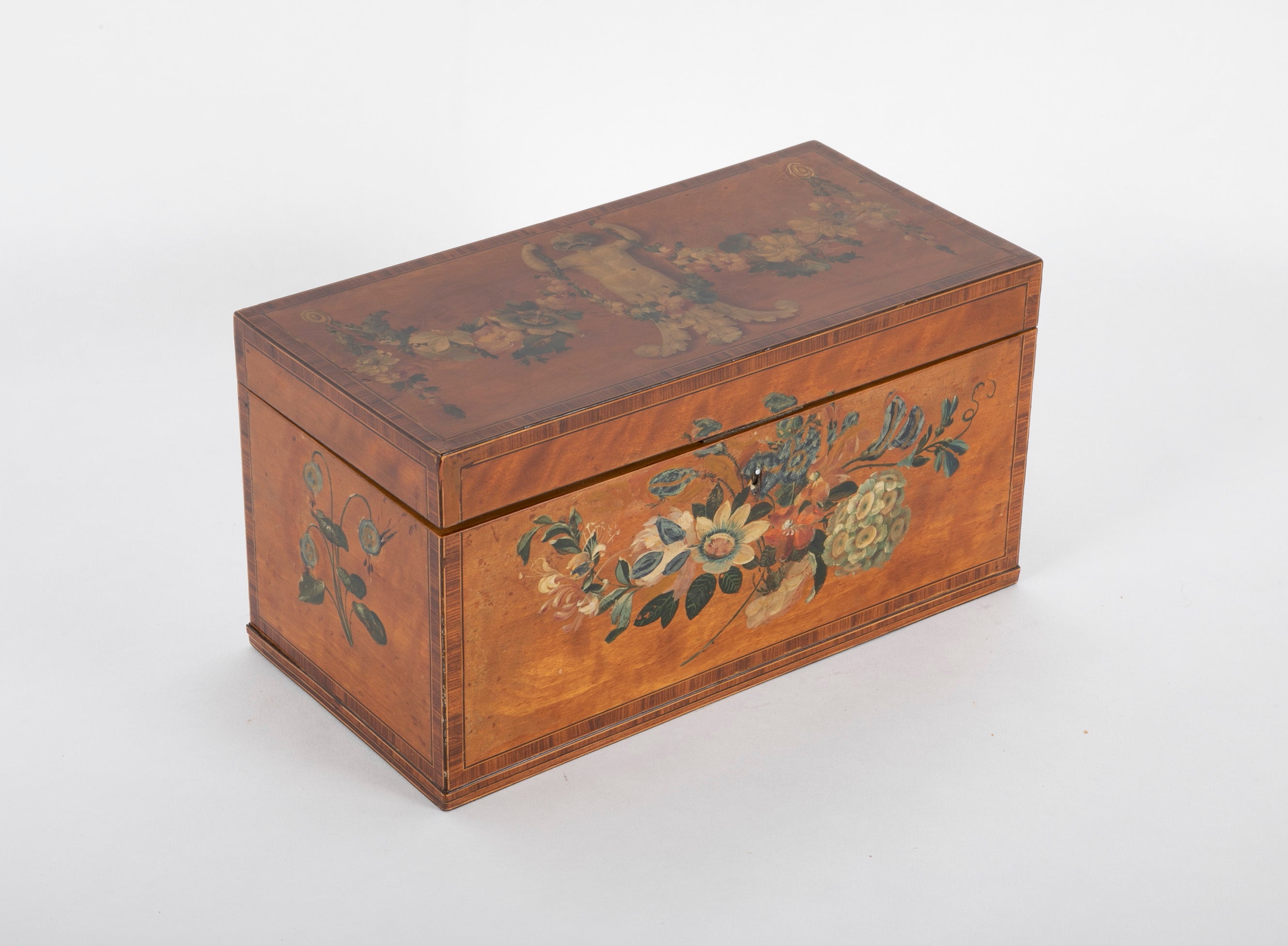 Early 19th Century English Satinwood Painted Tea Caddy