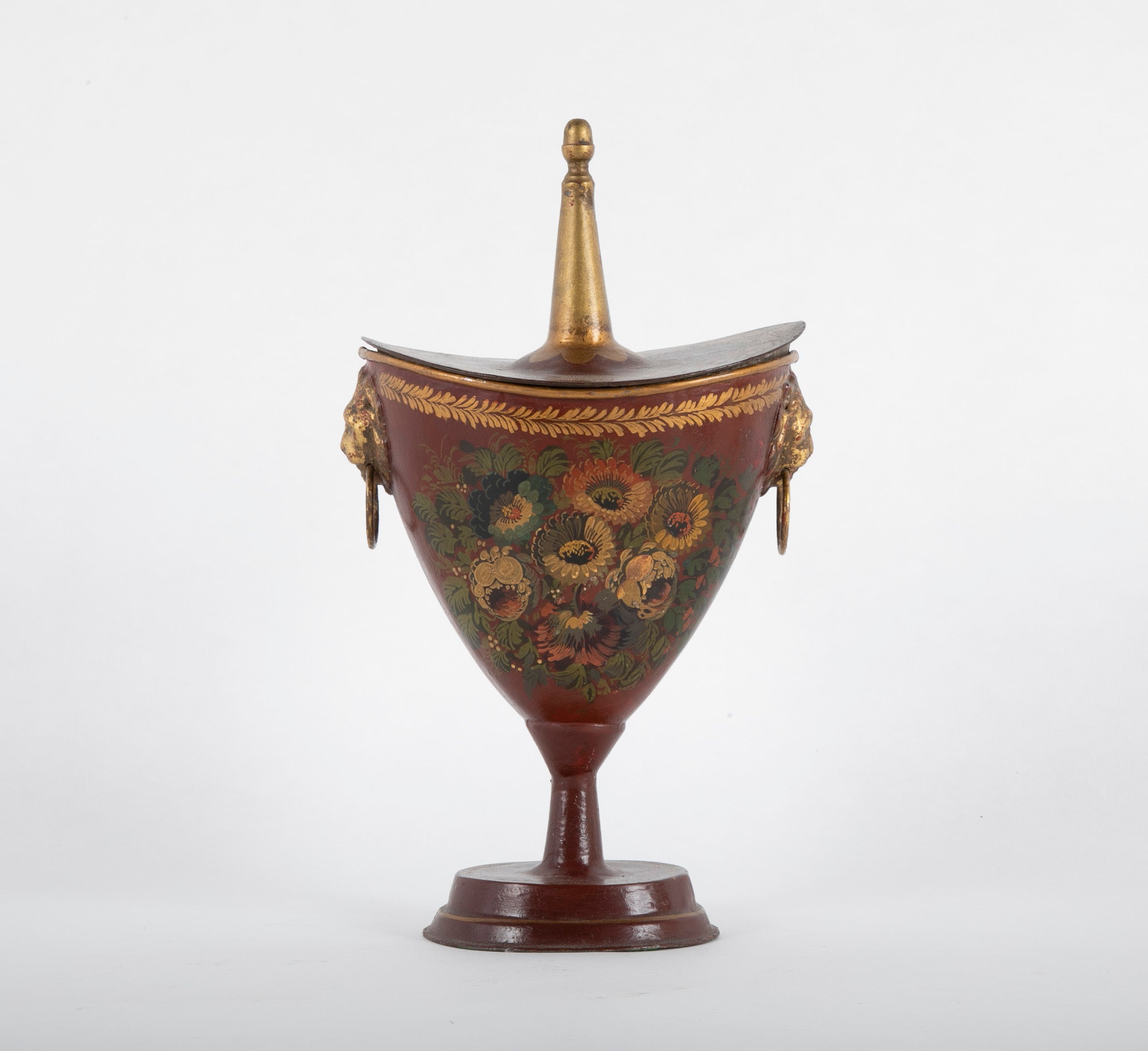 A Pair of Tole Peinte Lidded Chestnut Urns with Floral Stenciled Motifs