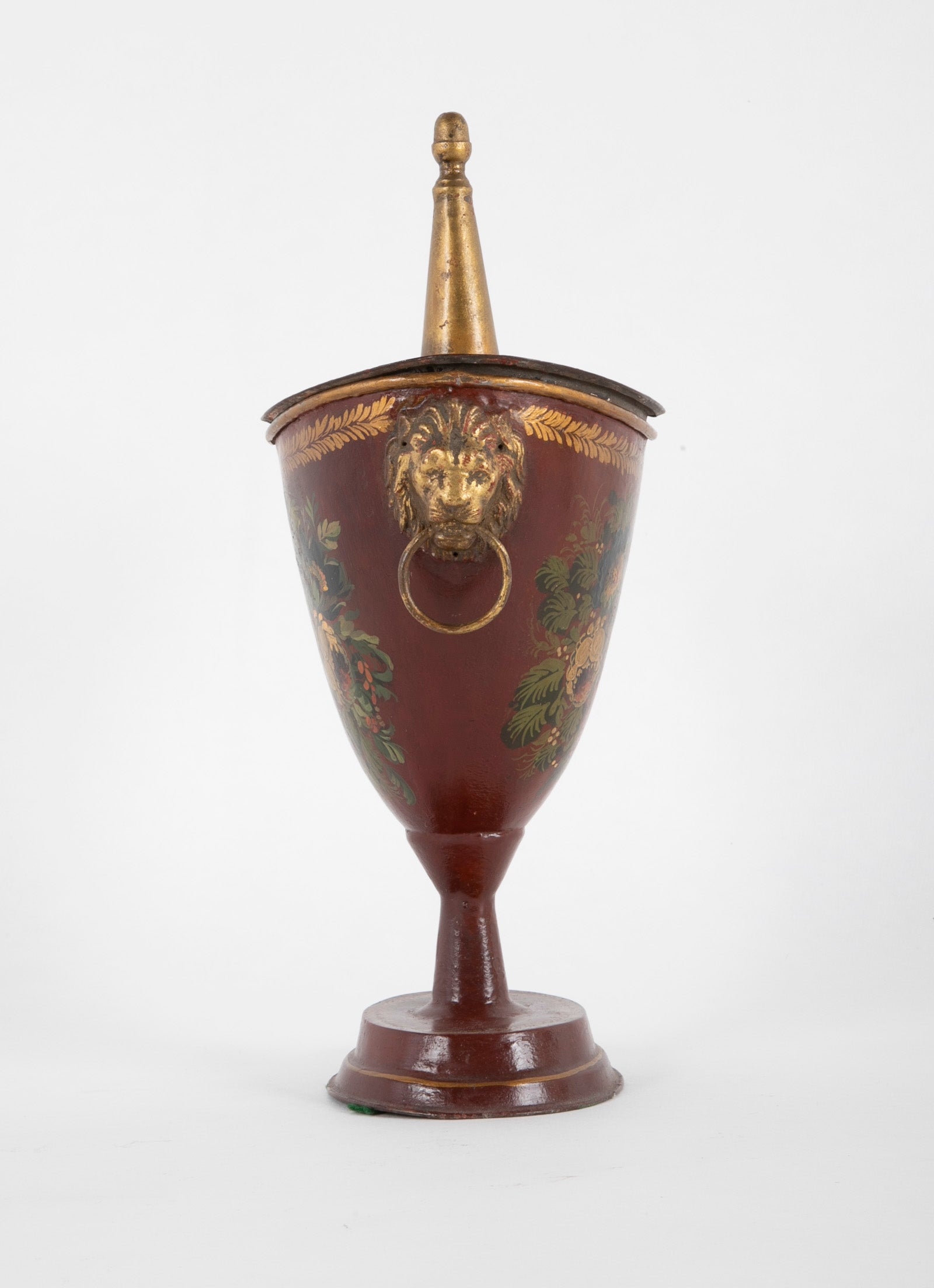 A Pair of Tole Peinte Lidded Chestnut Urns with Floral Stenciled Motifs