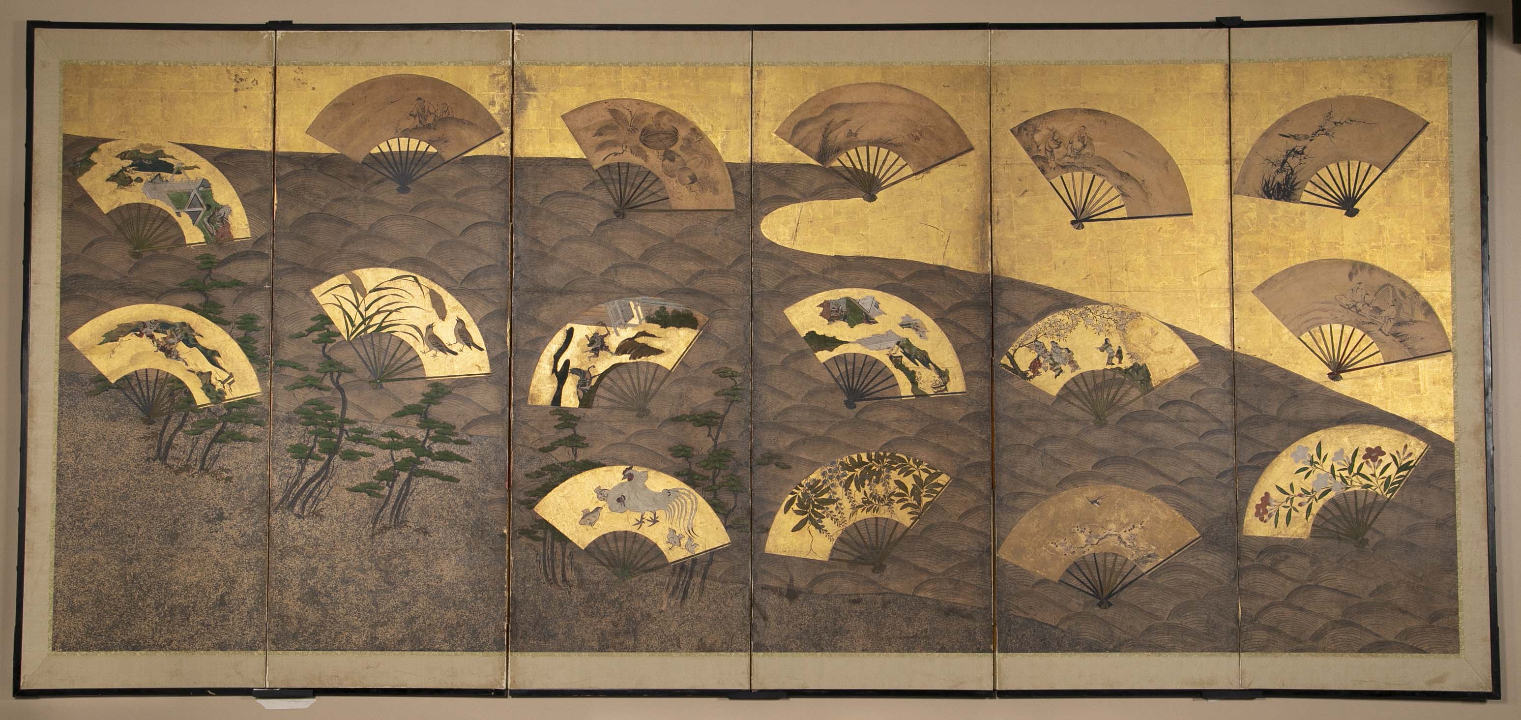 A Six Panel Antique Japanese Screen Depicting Fans
