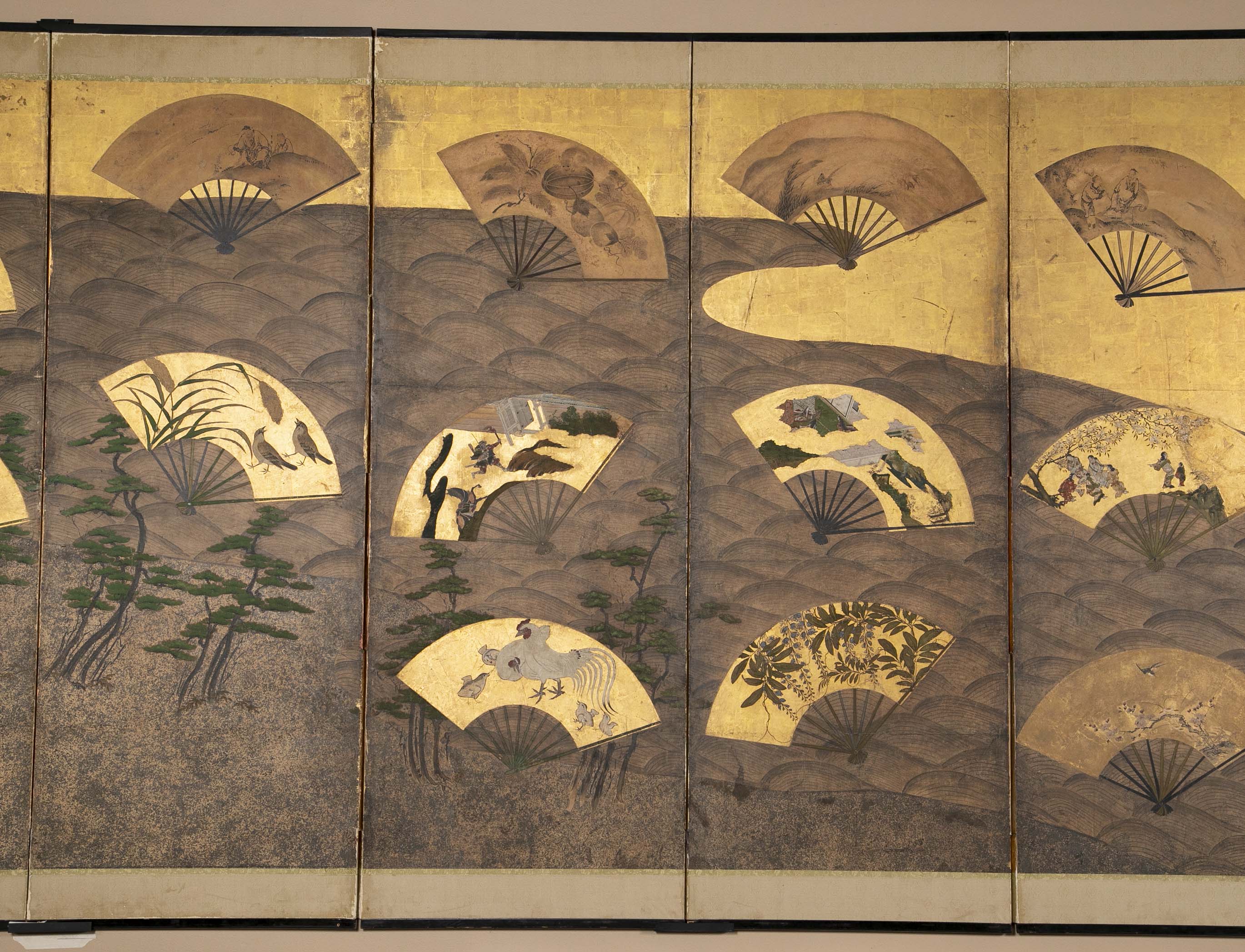 A Six Panel Antique Japanese Screen Depicting Fans