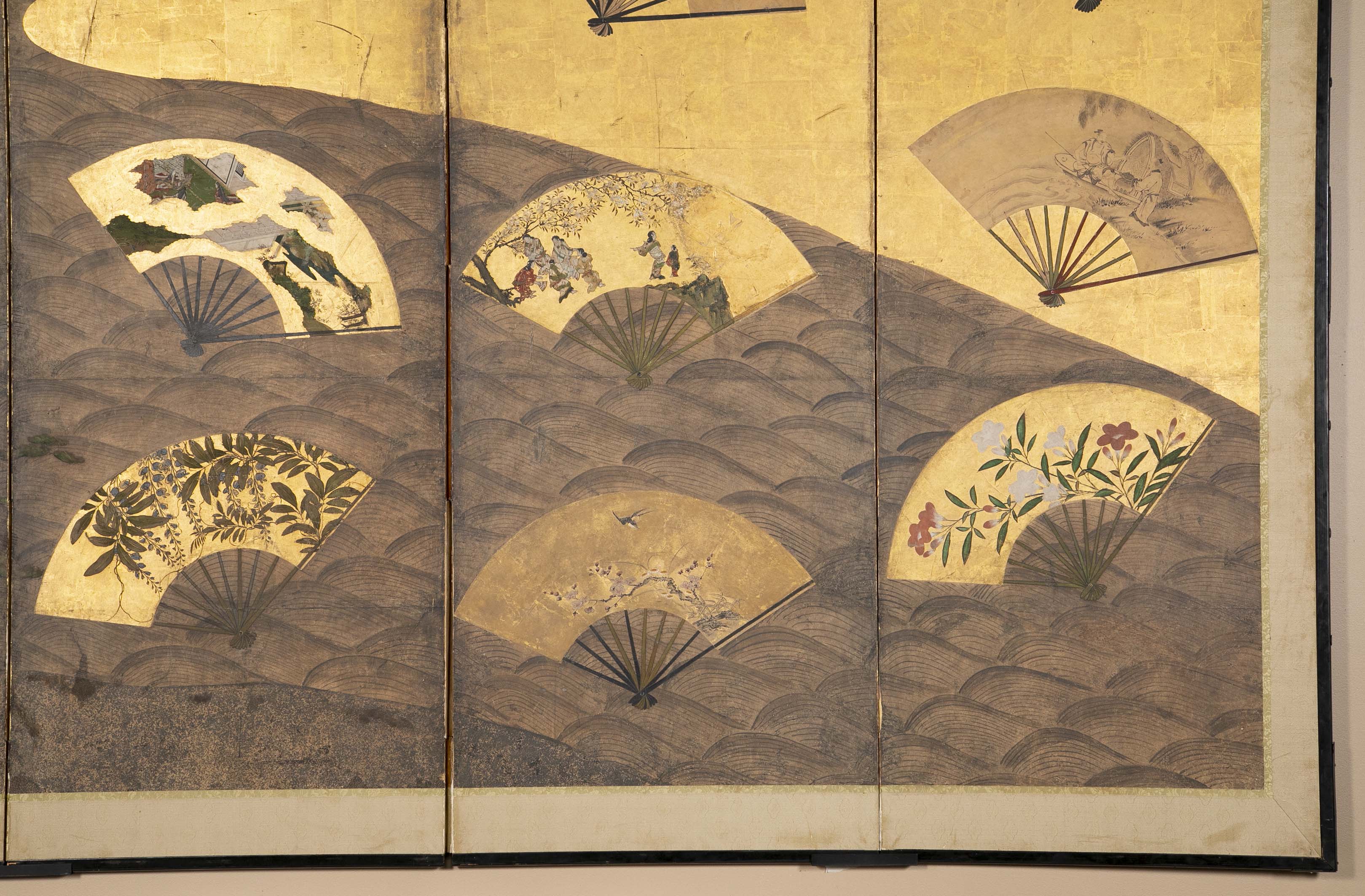 A Six Panel Antique Japanese Screen Depicting Fans