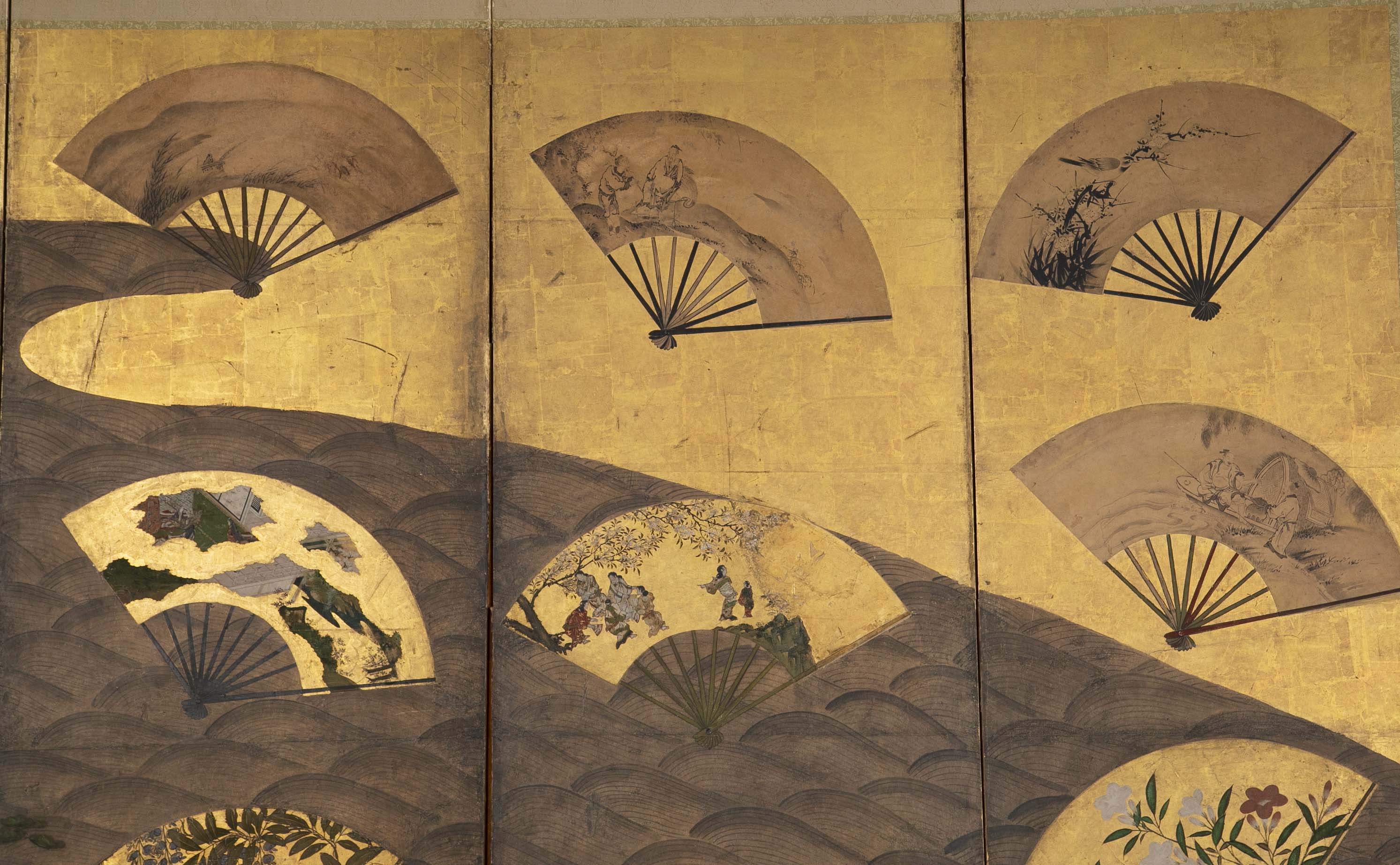 A Six Panel Antique Japanese Screen Depicting Fans