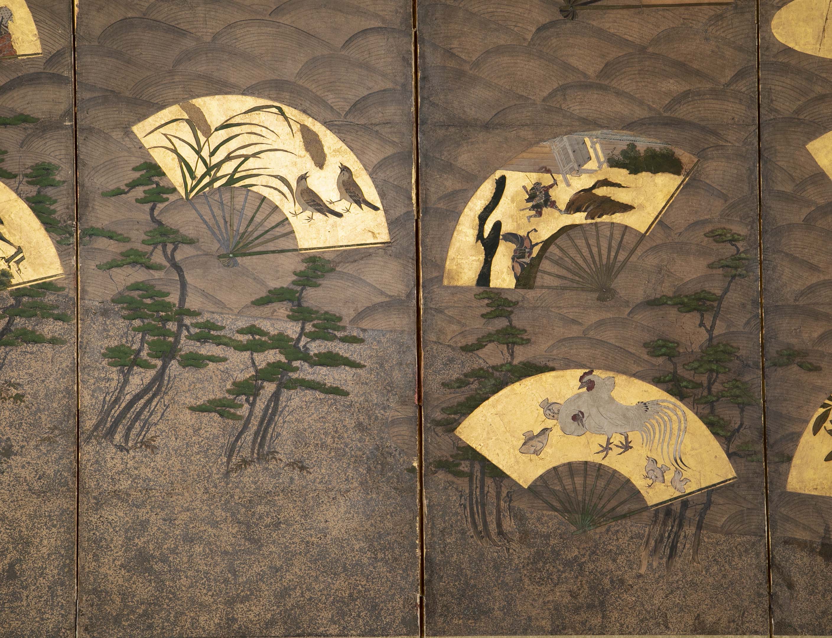 A Six Panel Antique Japanese Screen Depicting Fans