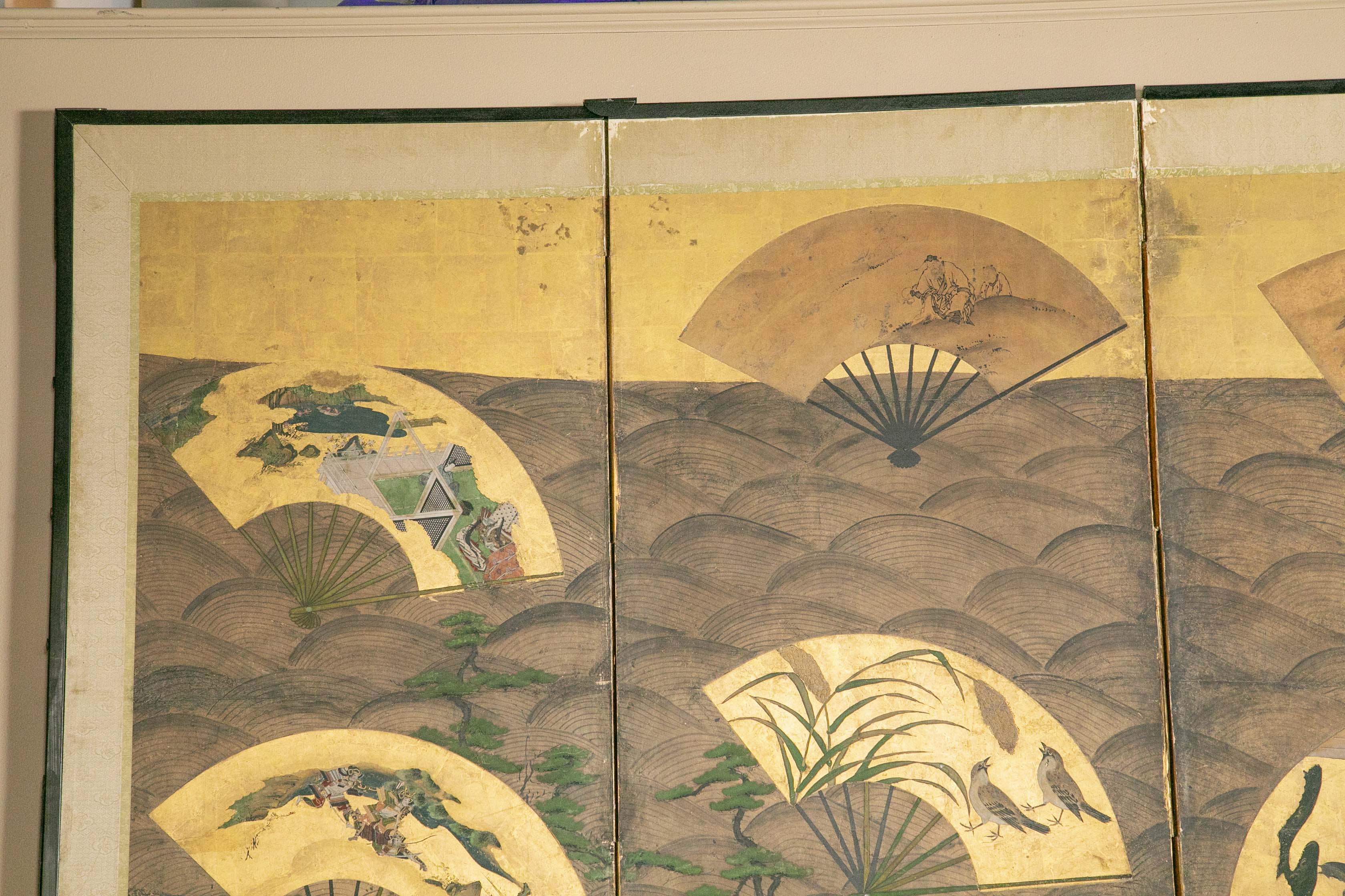 A Six Panel Antique Japanese Screen Depicting Fans