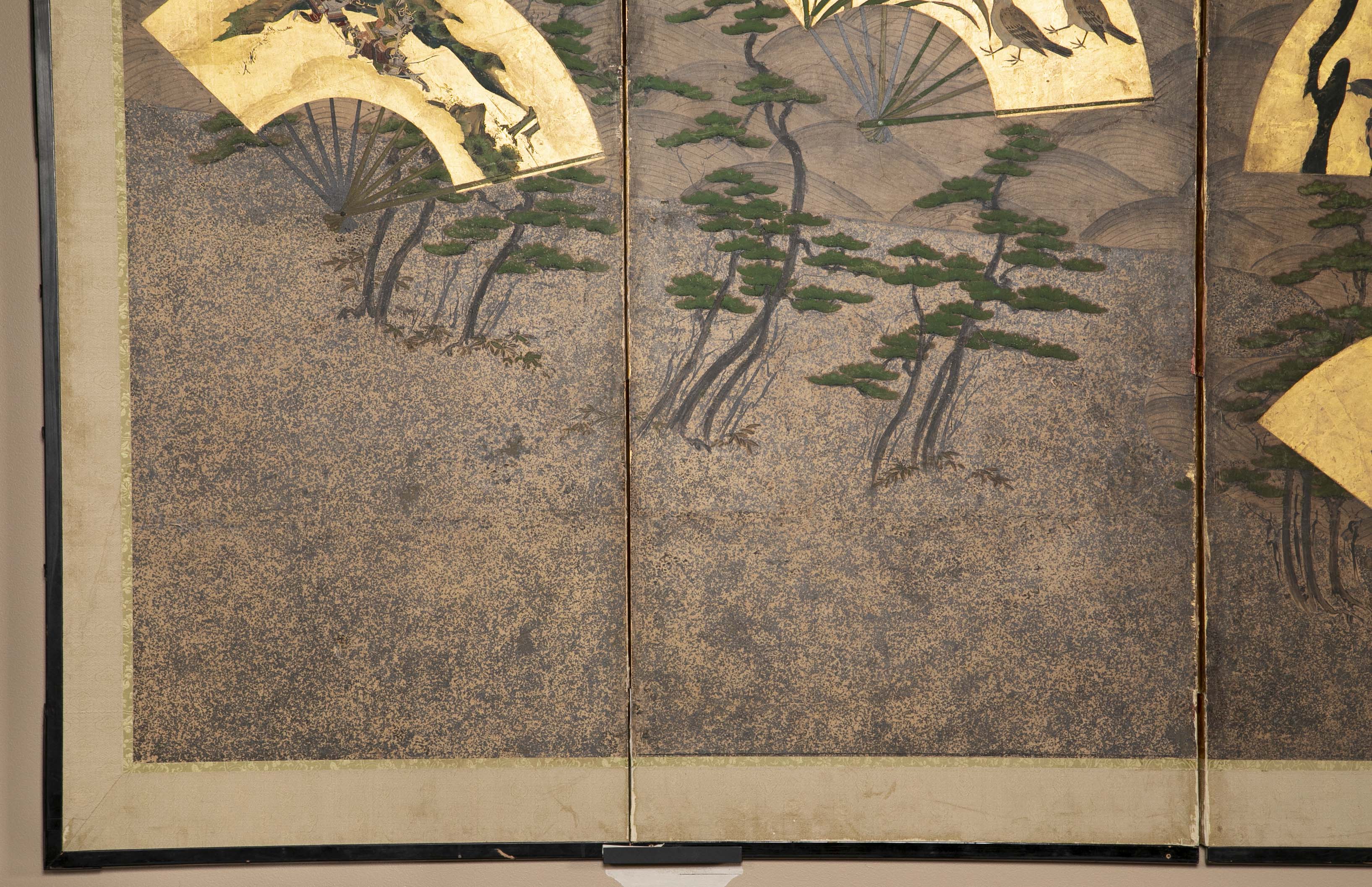 A Six Panel Antique Japanese Screen Depicting Fans