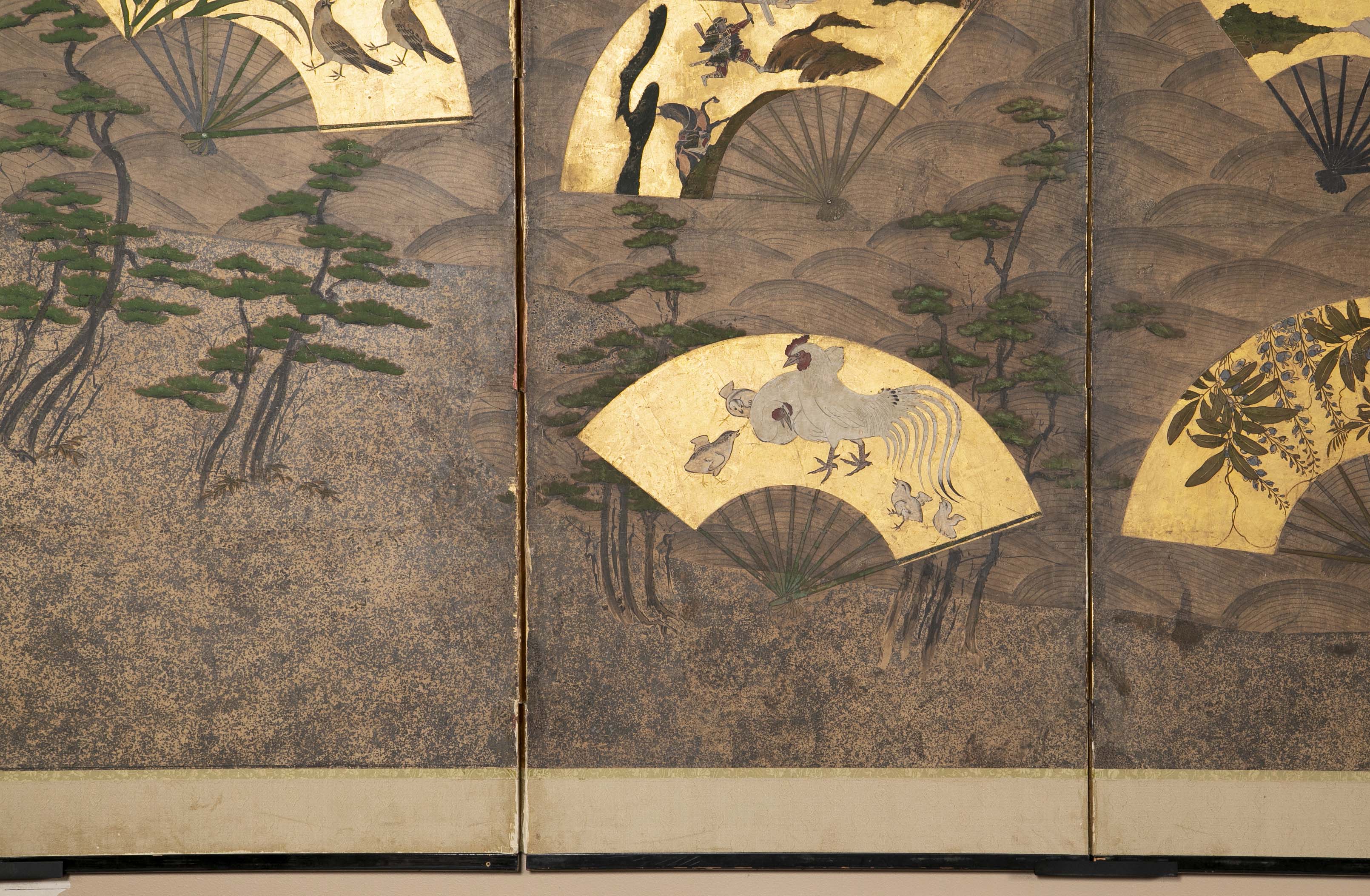 A Six Panel Antique Japanese Screen Depicting Fans