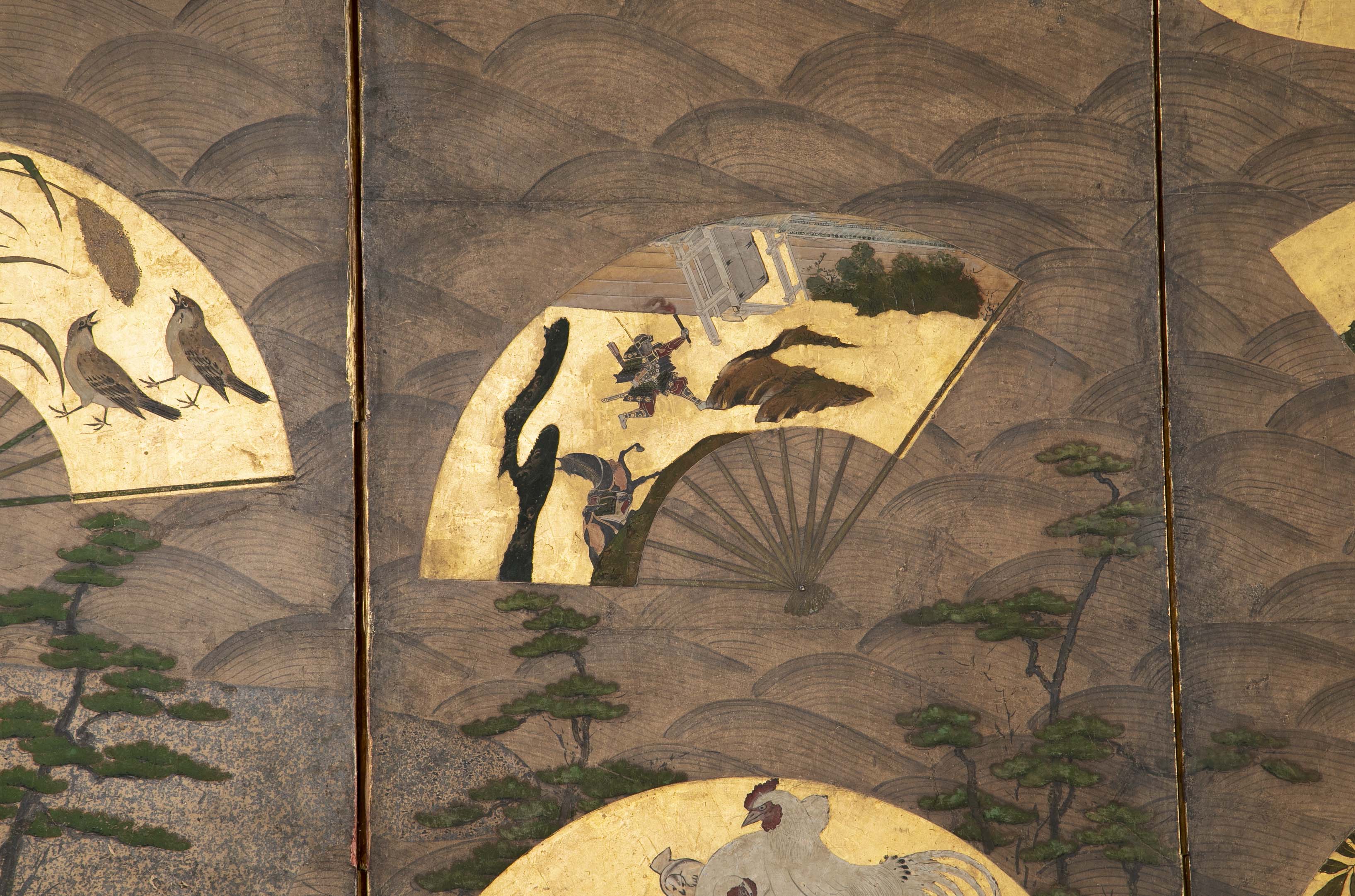 A Six Panel Antique Japanese Screen Depicting Fans